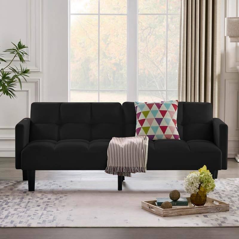 Alt View 2. Trinkets Crazed - Velvet Futon Couch Convertible Folding Sofa Bed Tufted Couch for Apartment  - black.