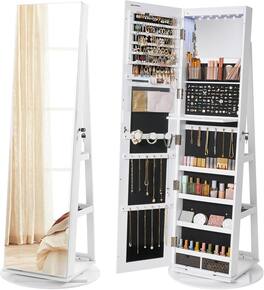 Songmics Home - SONGMICS 6 LEDs Lockable Standing Jewelry Cabinet with Full-Length Mirror, White - Cloud White