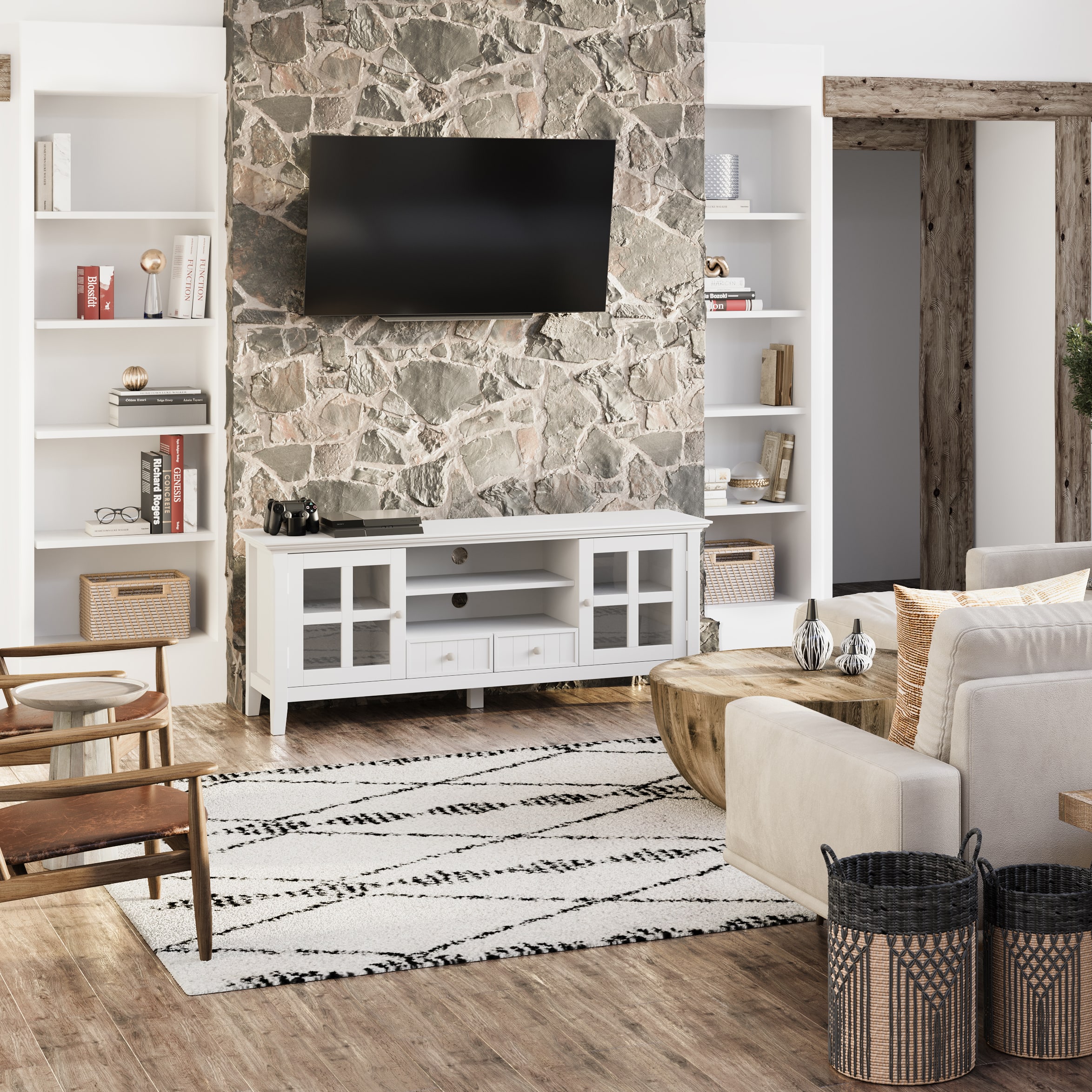 Alt View 1. Simpli Home - Acadian Solid Wood 60 inch Wide Rustic TV Media Stand For TVs up to 65 inches - White.