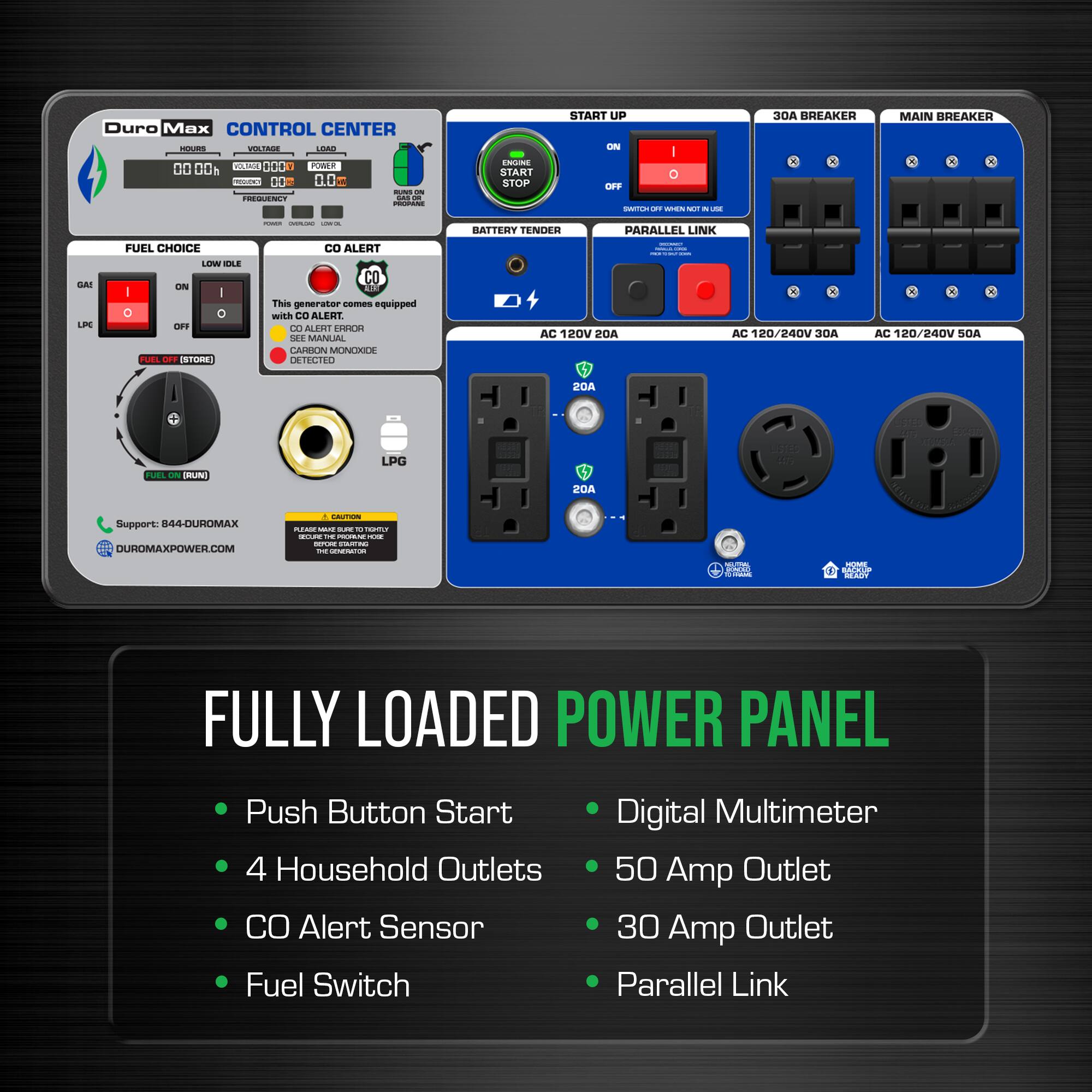 Duro Max CONTROL CENTER  
AA 10A 00 VOTO 0000 P 00 OR 00. 0.0. - - TEGUENCT .H n INU START STOP START UP  
I LH a ... - - - - 3OA HREAKER MAIN BREAKER SAI LITE FUEL CHOICE LEXN NE ON | I FNO L ET ESTORE) - CO ALERT CO  

This generator comes equipped with CO ALERT.  
ALEMY 0 ALERT CIMEn SEE MAN CARON MNDE OETEGIO BATTERY TENDER PARALLEL LINK AC 12OV ZDA AC 120/240V A a . AC 120/240V SOA ADS FUEL ON RUNG LPG ADS  

Support: B4S-DUHOMAX MOCULWORXAMOBLO  

- - -- - - -O : - COEE I  - - POL ! - dI MAW  

FULLY LOADED POWER PANEL  
- Push Button Start  
- 4 Household Outlets  
- CO Alert Sensor  
- Fuel Switch  
- Digital Multimeter  
- 50 Amp Outlet  
- 