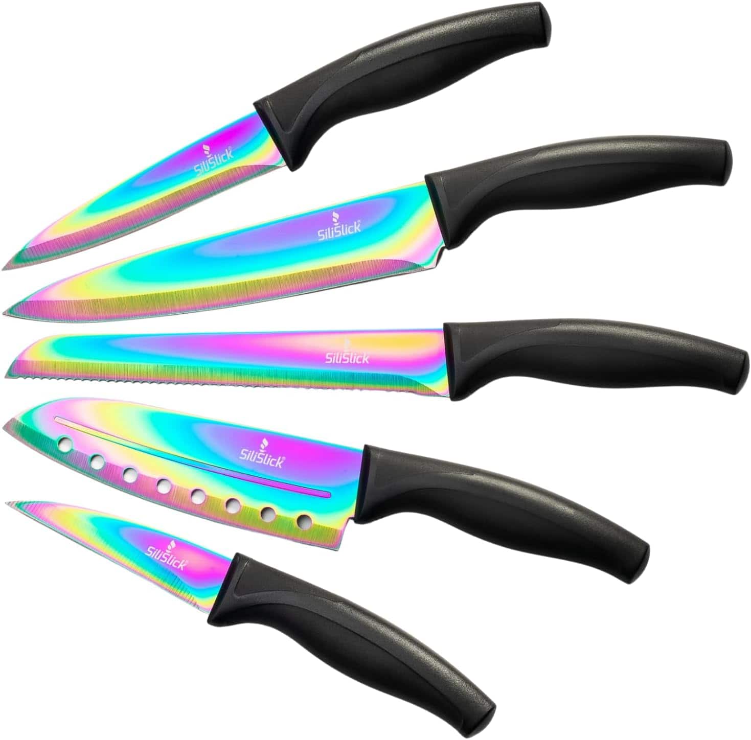 SiliSlick - Rainbow Titanium-Coated Stainless Steel Kitchen Knife Set - Black Handle