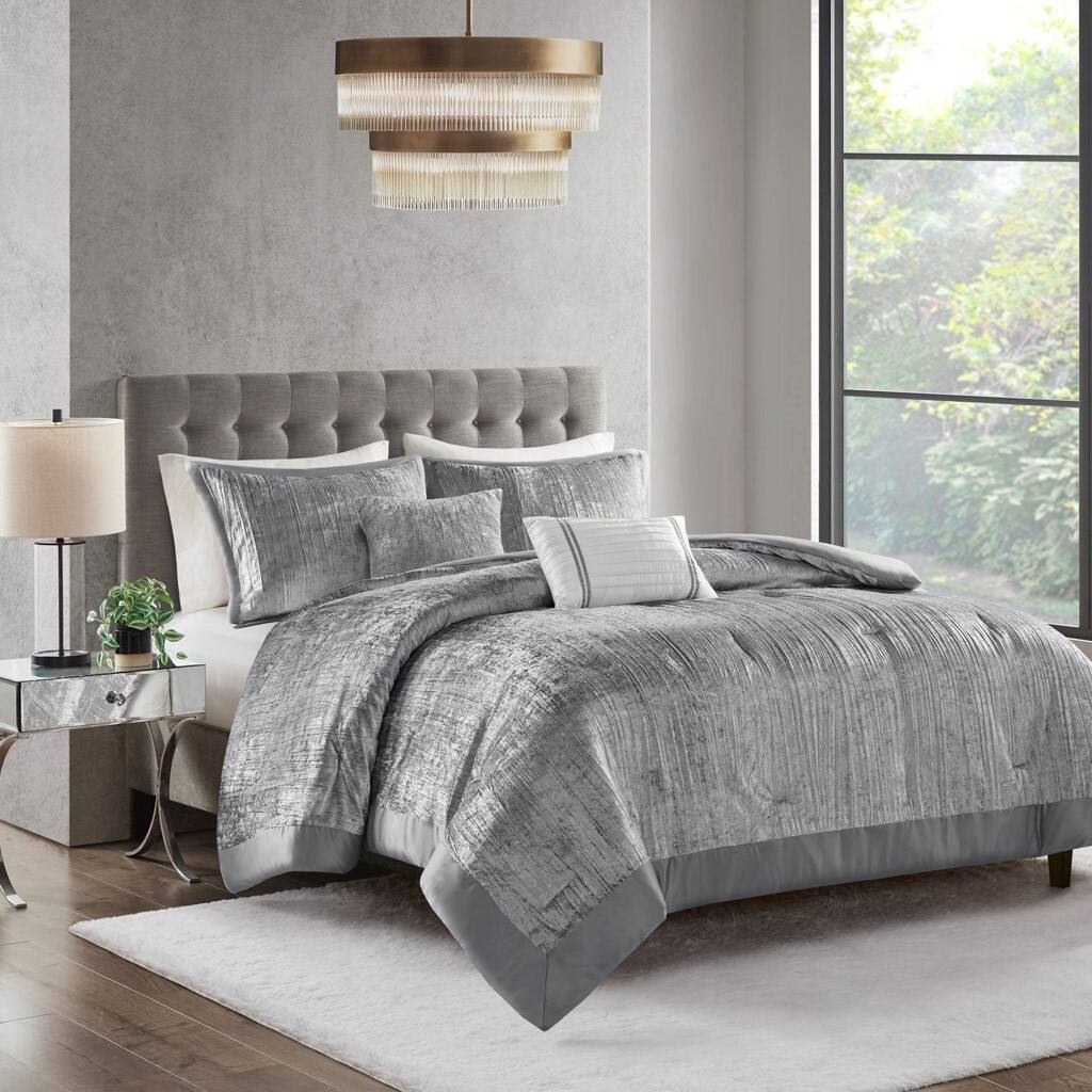 Alt View 4. Gracie Mills - Gracie Mills 5-Piece Solid Crinkle Velvet Comforter Set - Silver.