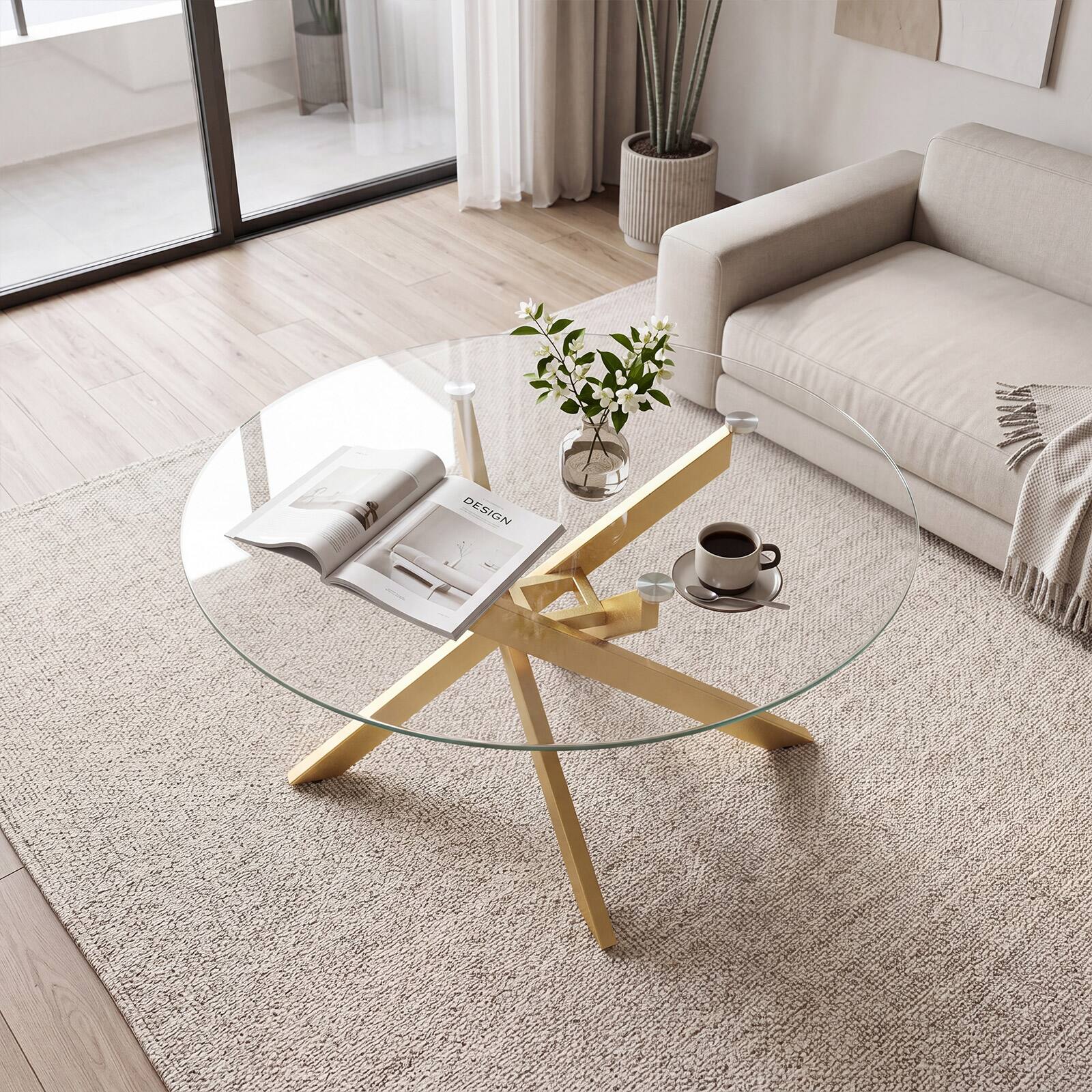 Alt View 1. Costway - Costway 31.5" Glass Coffee Table with Tempered Glass Top & Geometric Gold Metal Frame - Transparent & Gold.