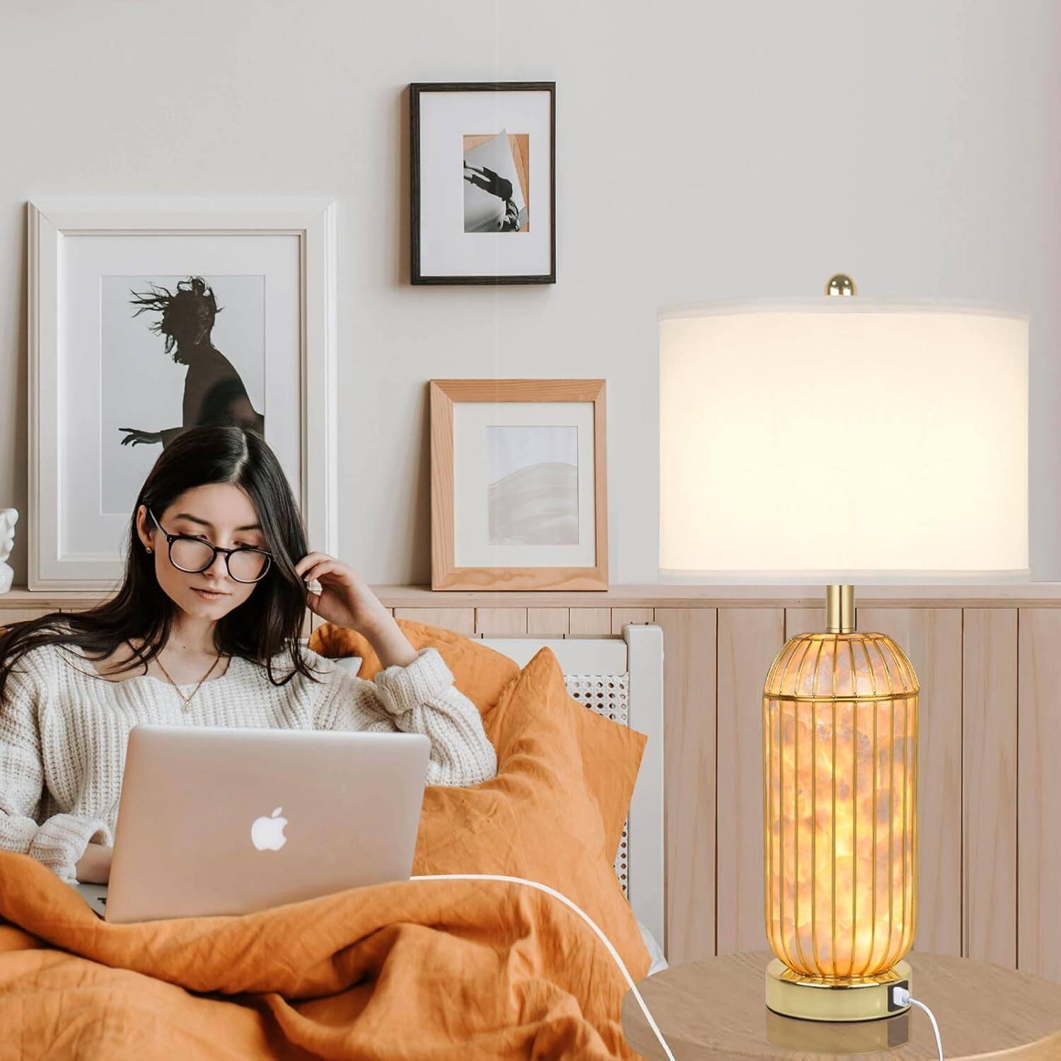 Left. Nordic Hygge - Gold Table Lamps Set of 2, Capiz Shell Bedside Lamps with LED Nightlight, 26" Plating Nightstand Lamp - Gold and White Shell Table Lamp.