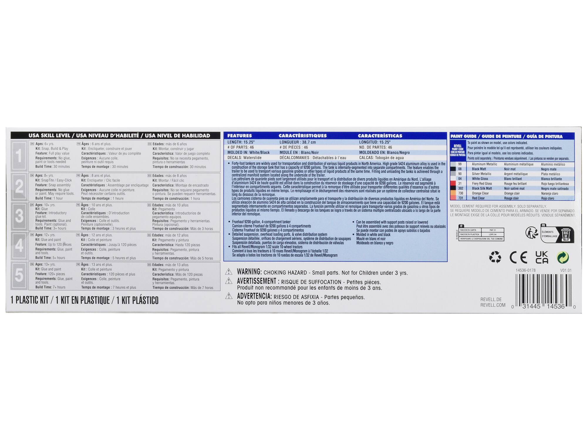 **USA SKILL LEVEL / USA NIVEAU D'ABILITÉ / USA NIVEL DE HABILIDAD**

1. **Ages 6 yrs**  
   - Kit: Snap, Build & Play  
   - Feature: Full play value, no glue needed  
   - Build Time: 30 minutes  
   - Requirements: No glue needed  
   - Características: Valor de juego completo, no necesita pegamento  
   - Exigences: Aucune colle ni peinture  
   - Edades: más de 6 años  
   - Características: Valor de juego completo, no necesita pegamento  
   - Exigencias: No se requiere pegamento  
   - Tiempo de montaje: 30 minutos  
   - Tiempo de construcción: 30 minutos  

2. **Ages 8 yrs**  
   - Kit: Snap-Easy-Click  
   - Feature: No glue needed, requires tools  
   - Build Time: 30 minutes  
   - Requirements: No glue, requires tools  
   - Características: No necesita pegamento, requiere herramientas  
   - Exigences: Aucune colle, nécessite outils  
