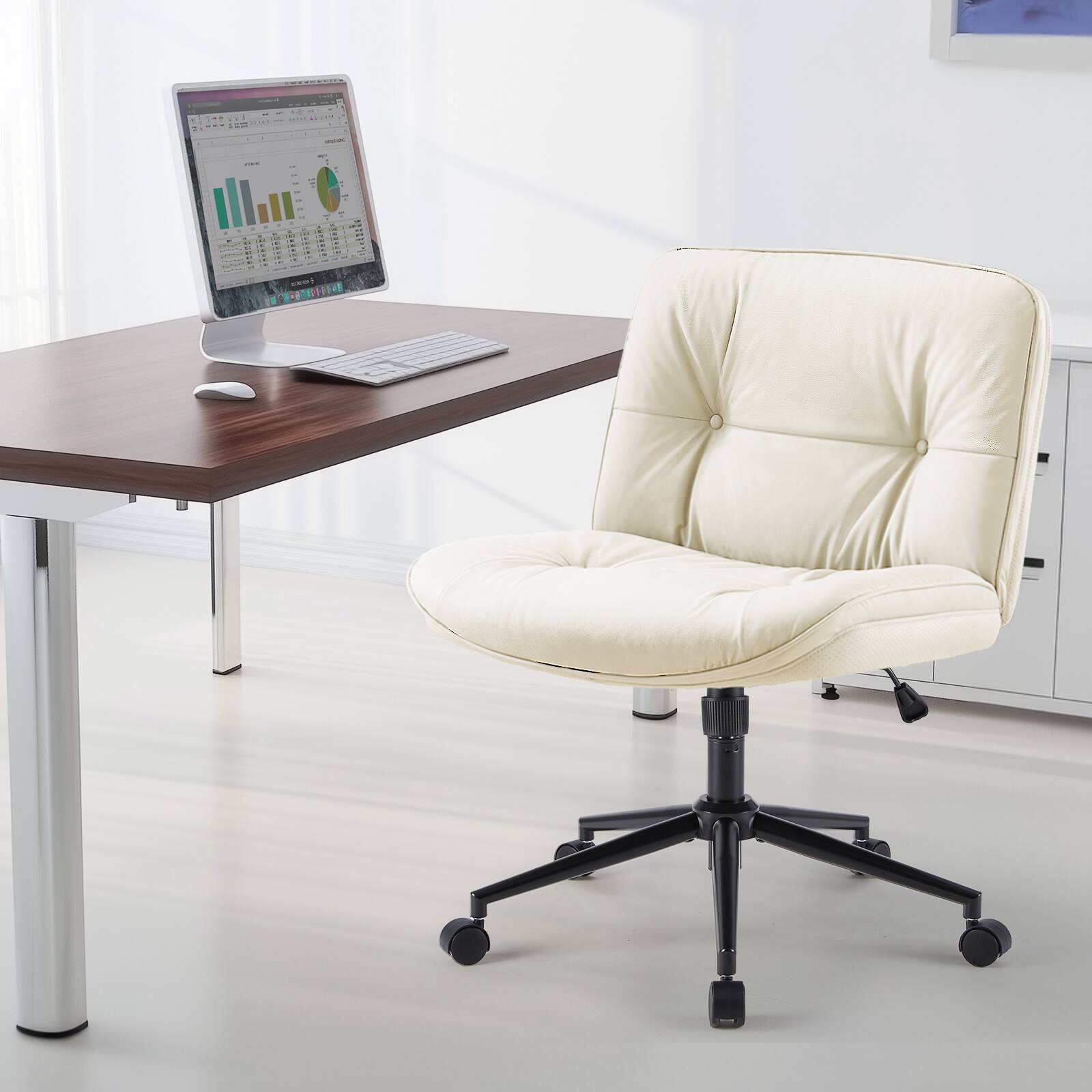 Alt View 1. PexFix - Wide Office Chair with Wheels, Sturdy Armless Desk Chair, Convertible to Fixed Legs, Swivel Rocking Task Chair for Home - White.