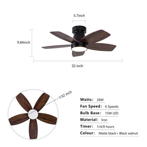 5.7 inch  
9.84 inch  
32 inch  
Watts: 28W  
Fan Speed: 6 Speeds  
Bulb Base: 15W LED  
Material: Iron  
Timer: 1/4/8 hours  
Colour: Matte black + Black walnut