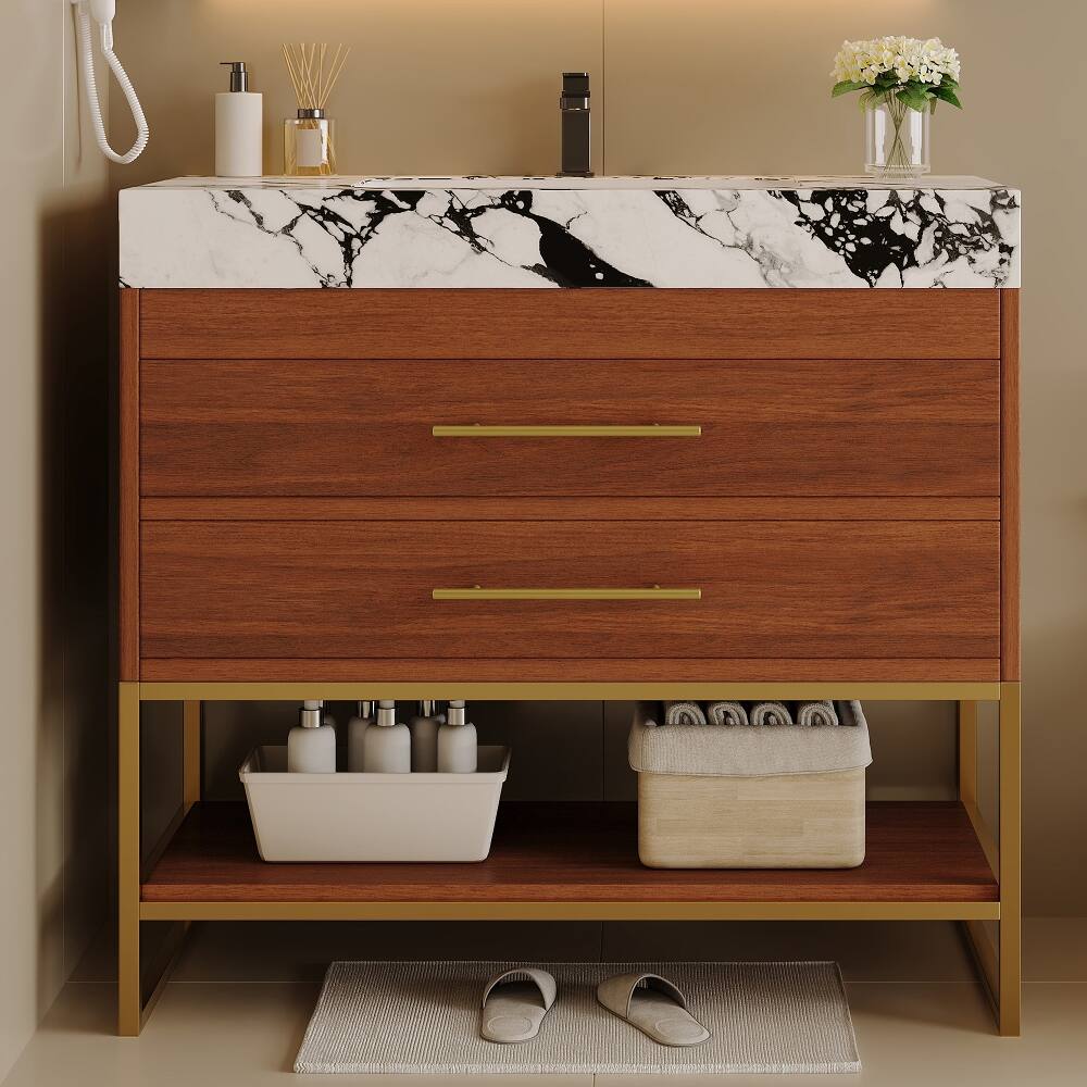 Left. Loheer - Loheer 30 inch freestanding bathroom vanity with sintered stone top, walnut and gold - Walnut, Gold, White.