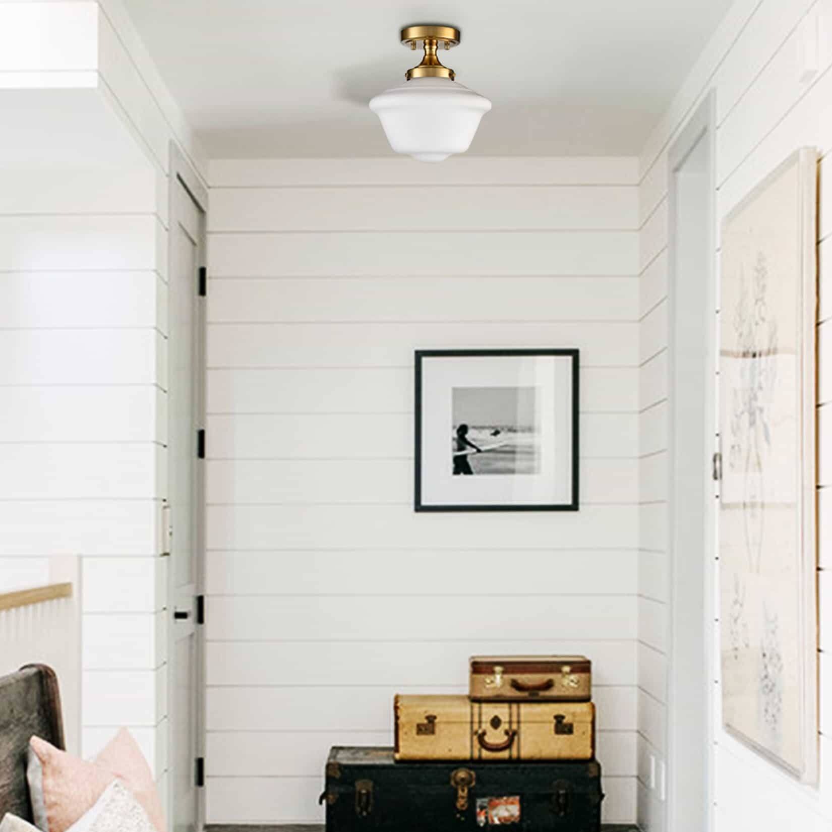 Left. MOOSE - Panarea Schoolhouse Semi-Flush Mount Ceiling Light with Opal Glass Shade - Gold.