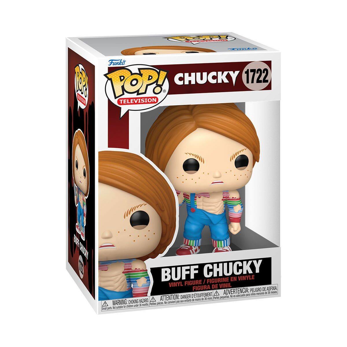 Sure, here is the corrected and grouped text from the image:

---

**Funko POP! TELEVISION**

**CHUCKY 1722**

**BUFF CHUCKY**

**VINYL FIGURE / FIGURINE EN VINYLE / FIGURA DE VINIL**

**WARNING: CHOKING HAZARD - Small parts. Not for children under 3 years.**

**ADVERTENCIA: PEIGRO DE ASFIXIA - Pequeñas piezas. No es adecuado para niños menores de 3 años.**

**ATTENTION: DANGER D'ETOUFFEMENT - Petites pièces. Ne convient pas aux enfants de moins de 3 ans.**

---

This text is taken from the packaging of the Funko Pop! vinyl figure.