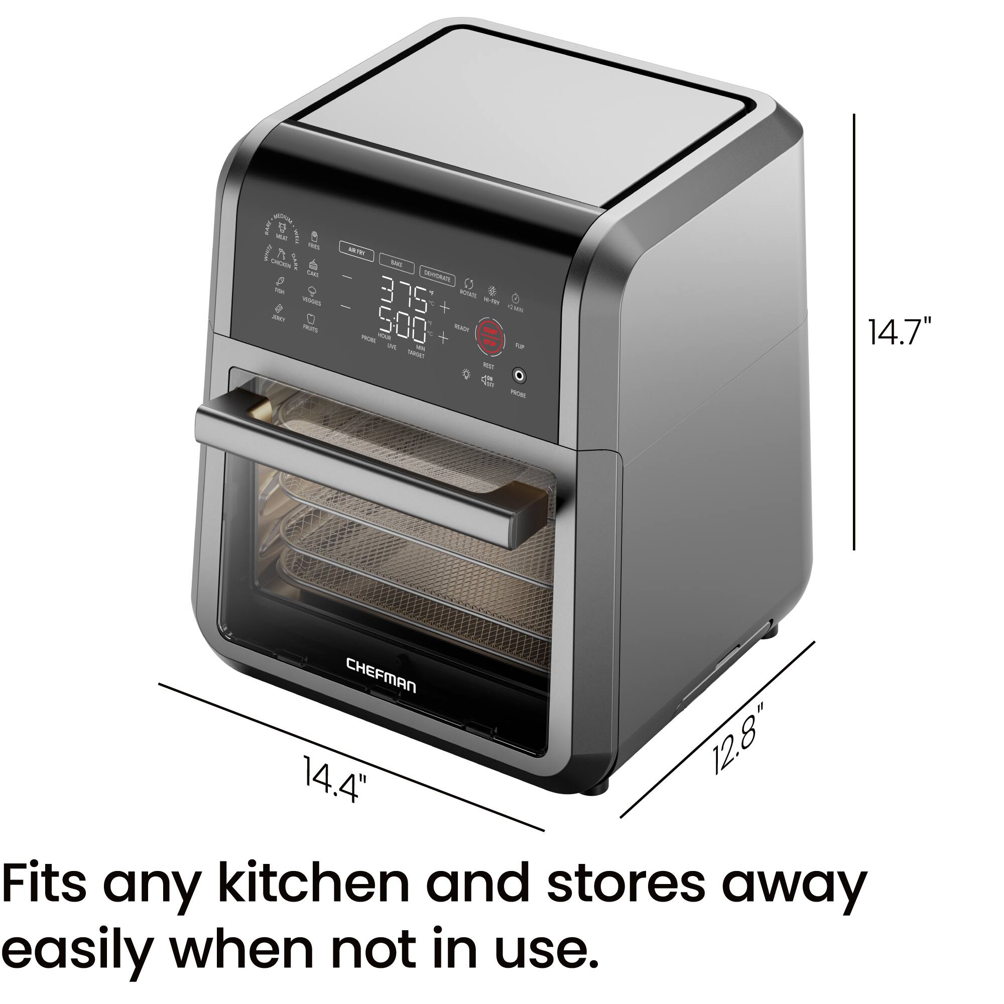 The text on the image reads: "Fits any kitchen and stores away easily when not in use."
