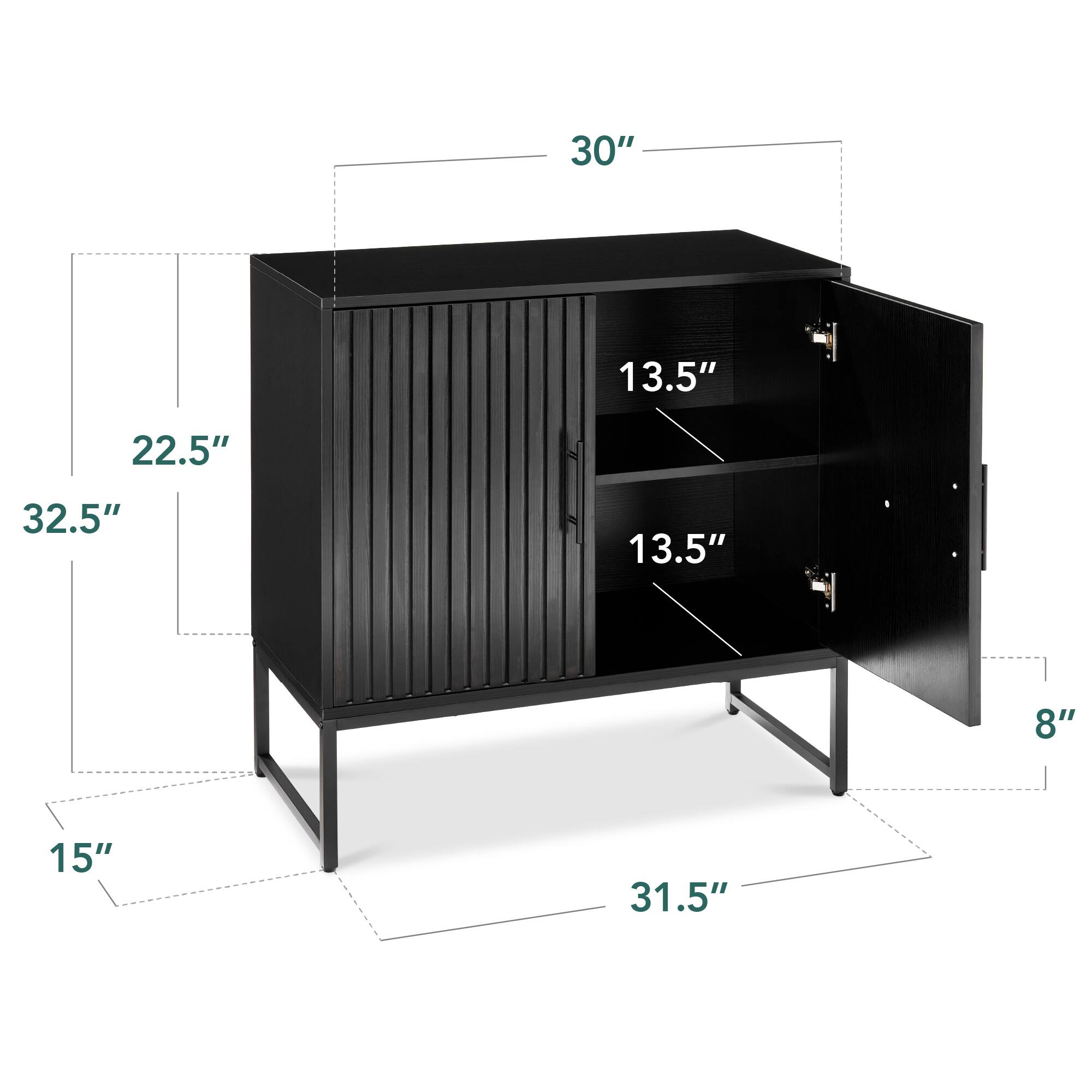 The dimensions of the cabinet are:

- Width: 30"
- Height: 32.5"
- Depth: 15"
- Shelf depth: 13.5"
- Drawer height: 2.5"
- Drawer width: 30"
- Overall depth: 31.5"
- Side panel height: 22.5"
- Side panel width: 8"