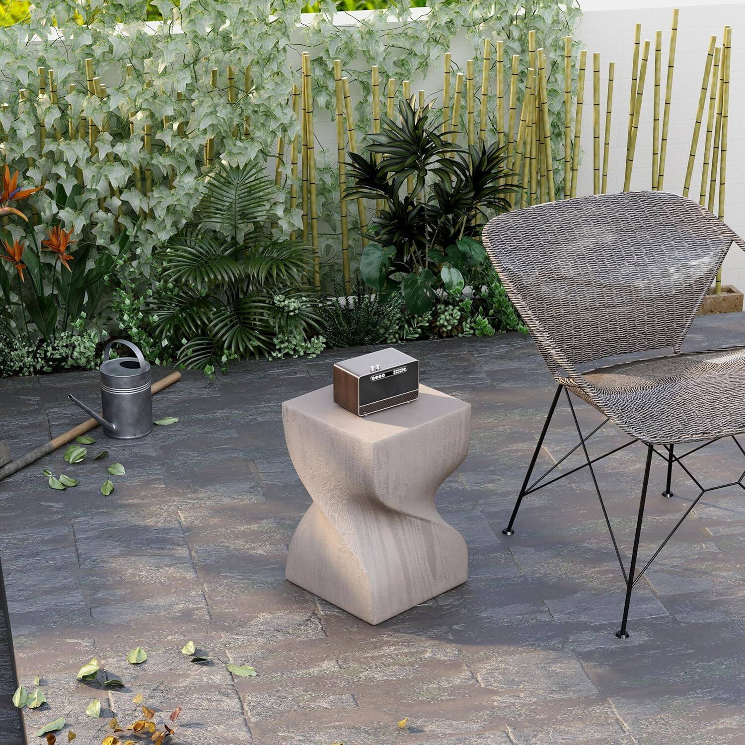 Left. LeisureMod - Onyx Twisted Fiberstone Side Table, Square Modern Accent Table with Bark Texture - Indoor/Outdoor - Cream.