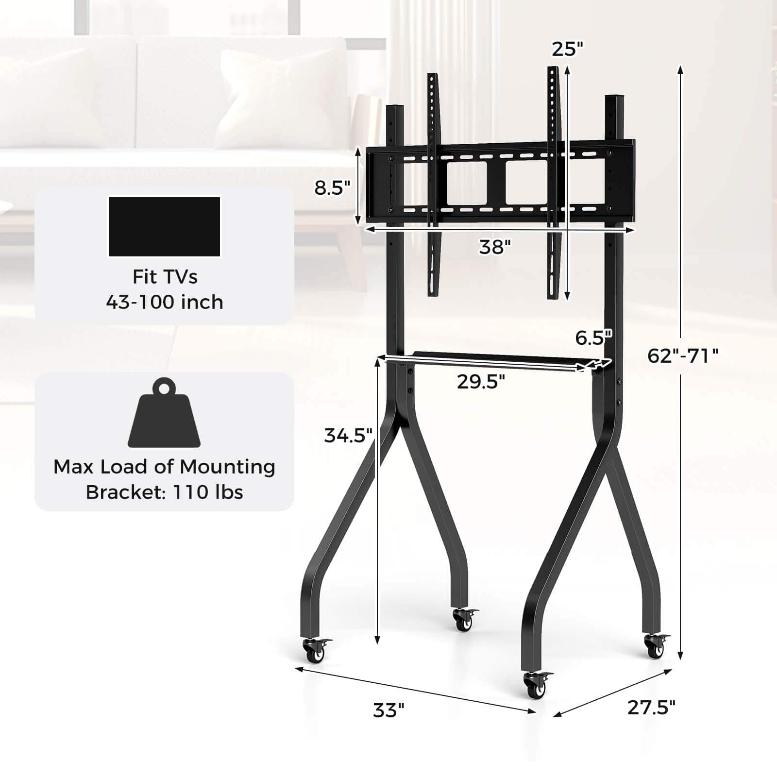 The image shows a TV stand with a black metal frame and a black bag hanging from it. The stand is designed to fit TVs ranging from 43 to 100 inches in size. The stand is 38 inches tall and has a maximum load capacity of 110 pounds for mounting brackets. The stand is also equipped with wheels for easy mobility.