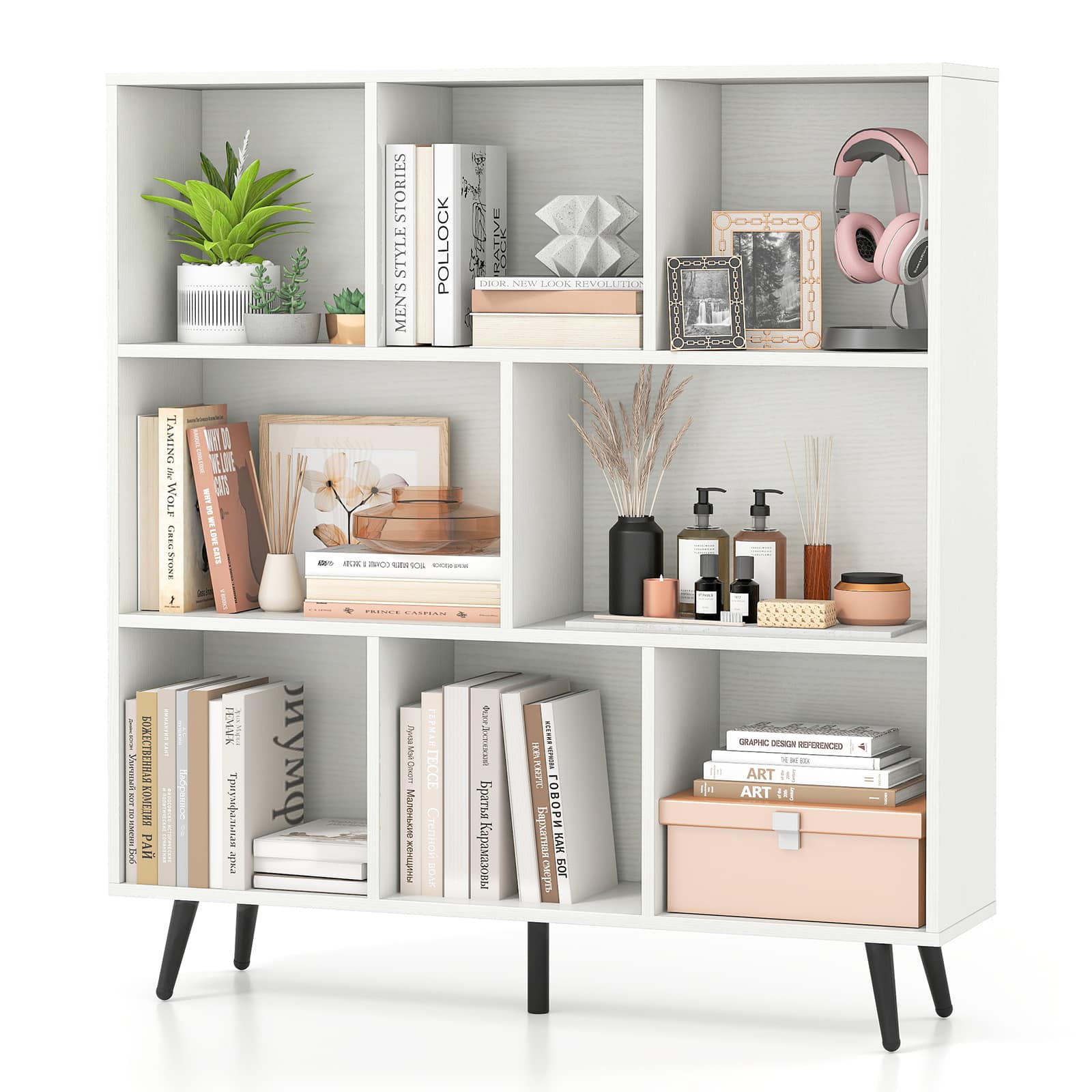Gymax - 8 Cube Bookcase 3-Tier Modern Storage Organizer w/ 5 Metal Legs Bookshelves - White, Black