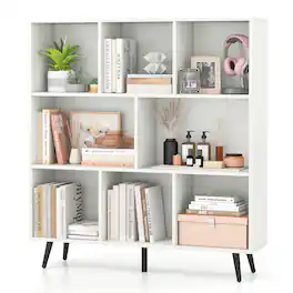 Gymax - 8 Cube Bookcase 3-Tier Modern Storage Organizer w/ 5 Metal Legs Bookshelves - White, Black