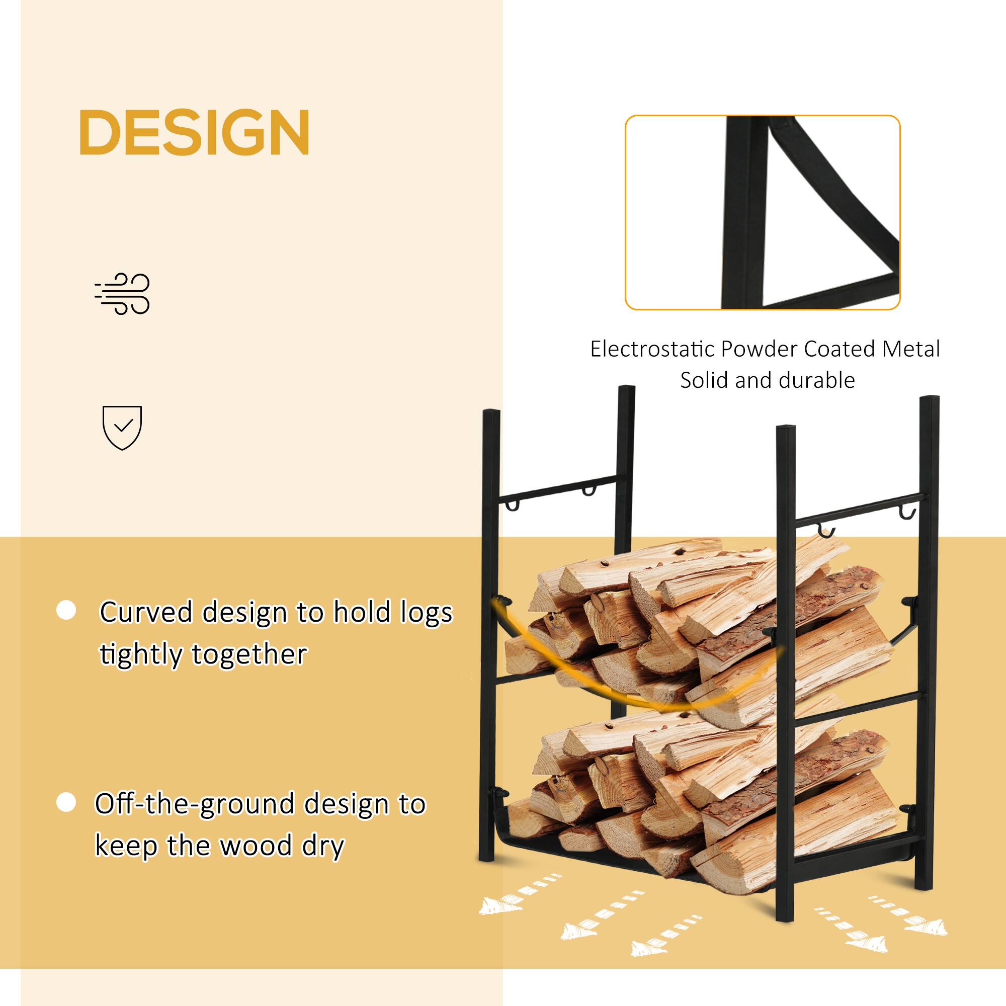 DESIGN

Electrostatic Powder Coated Metal  
Solid and durable

- Curved design to hold logs tightly together
- Off-the-ground design to keep the wood dry