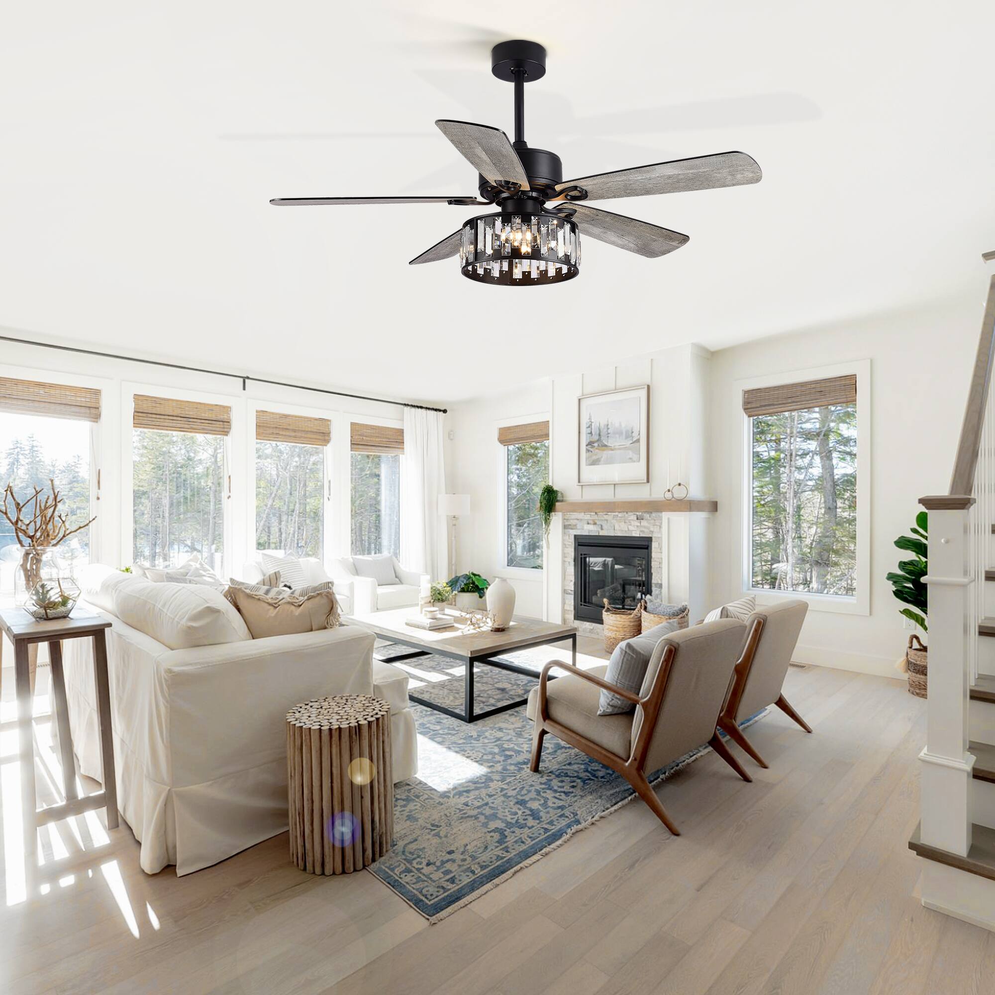 Alt View 1. Breezary - Breezary 52-In Modern Ceiling Fan with 5 Plywood Blades, DC Motor, 5''/10'' Downrods, 6-Speed Remote Control & Timer - Matte Black.