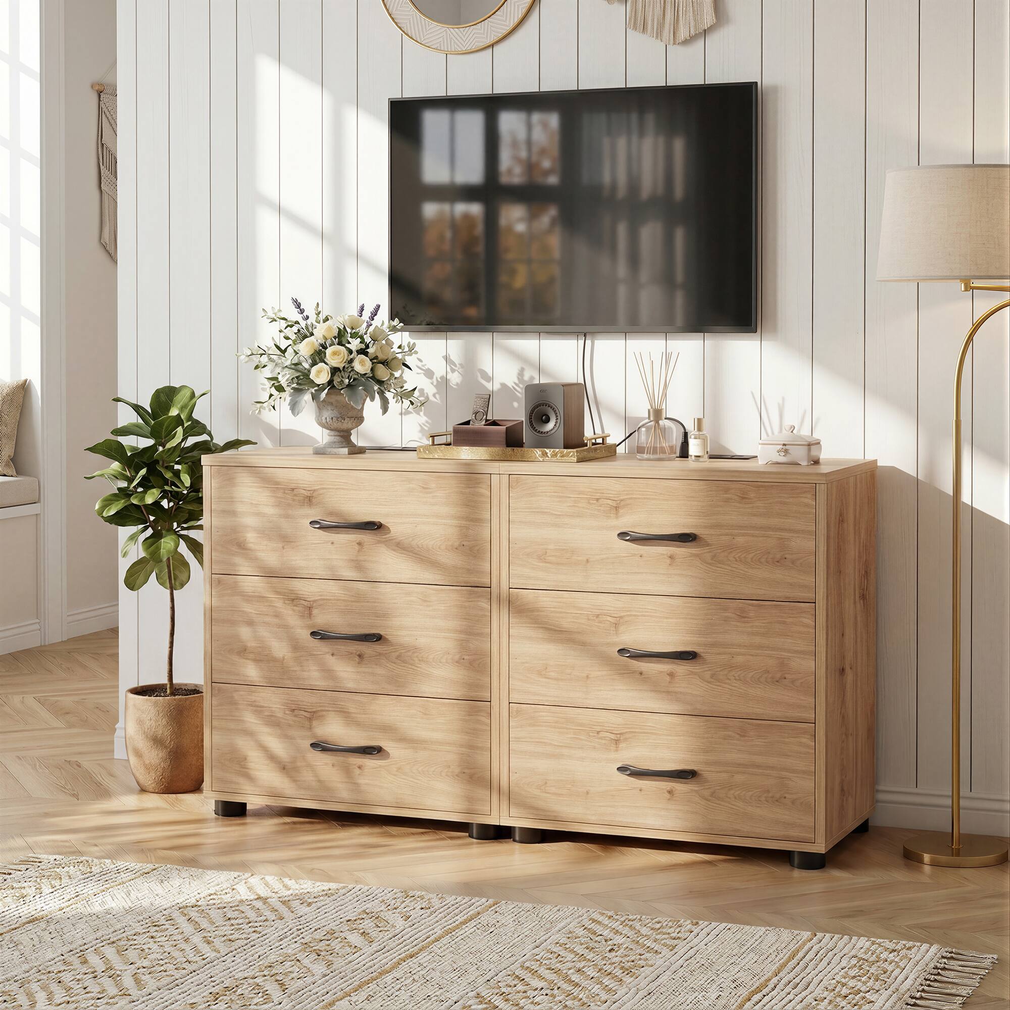 Alt View 4. Aheaplus - Nightstand Set of 2, 21.6'' Wide Bedside with 3 Drawers and Charging Station for Bedroom - Nature Oak.