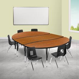 Emma + Oliver - 86" Oval Wave Collaborative Laminate Activity Table Set with 12" Student Stack Chairs, Grey/Black - Oak