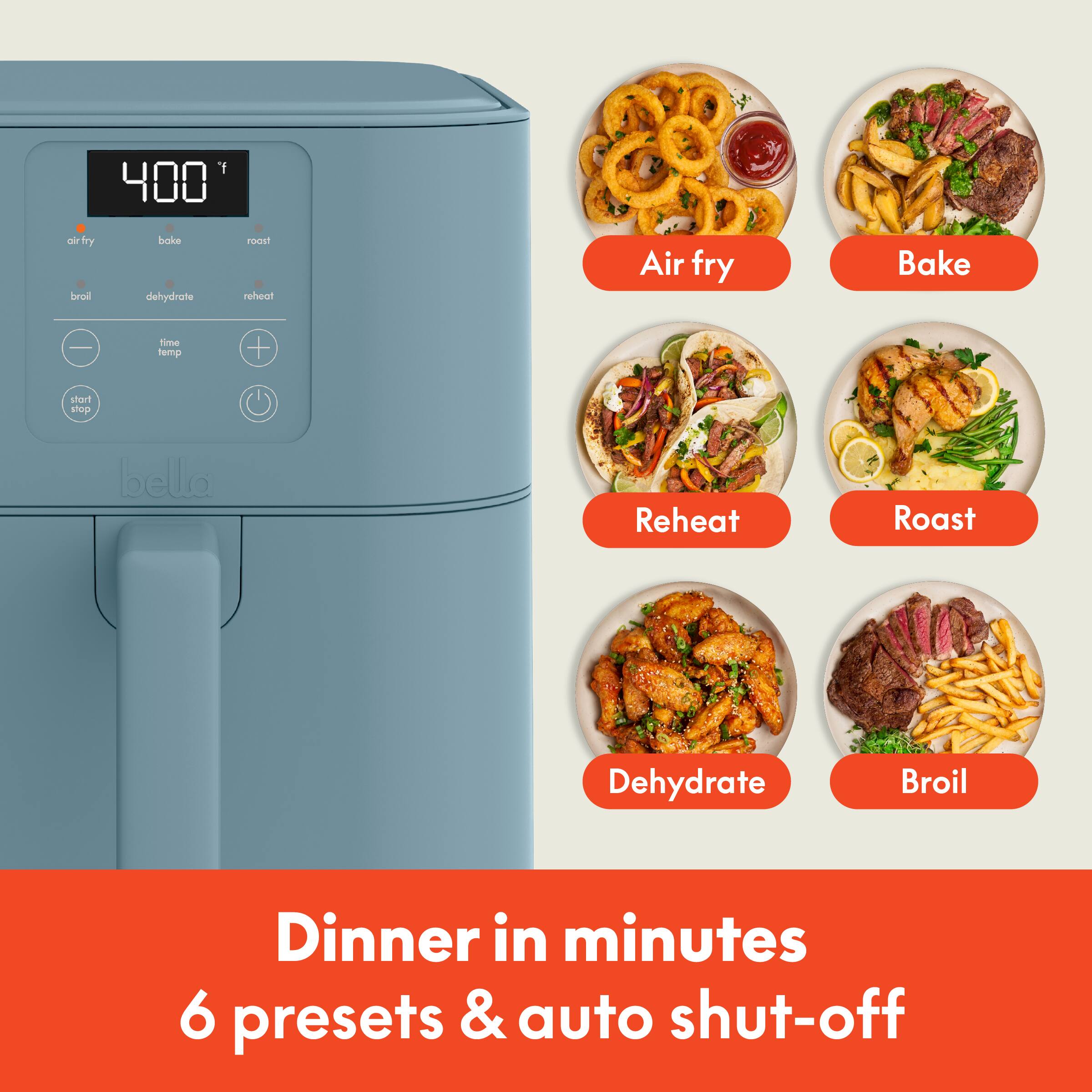 Air fry, Bake, Reheat, Roast, Dehydrate, Broil, Dinner in minutes 6 presets & auto shut-off
