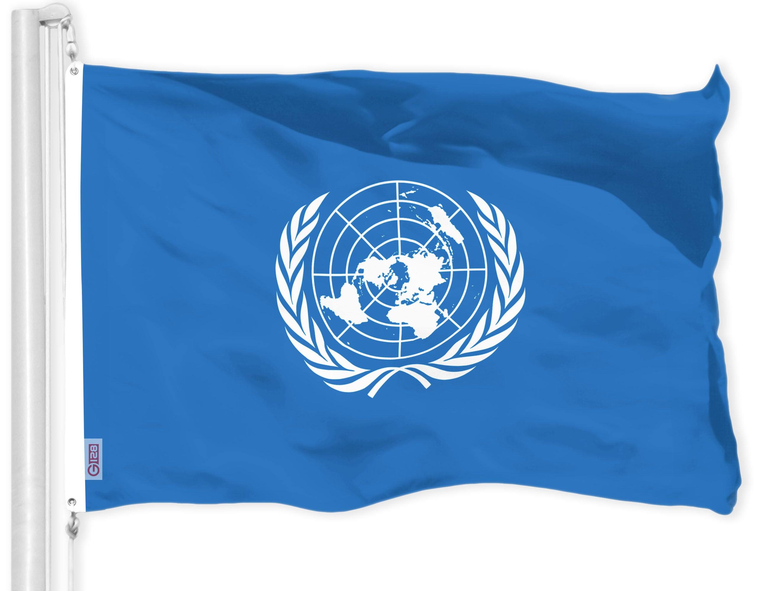 Front. G128 - United Nations Flag — 3x5 ft 150D Polyester, Brass Grommets, Indoor/Outdoor. - Assorted Colors.
