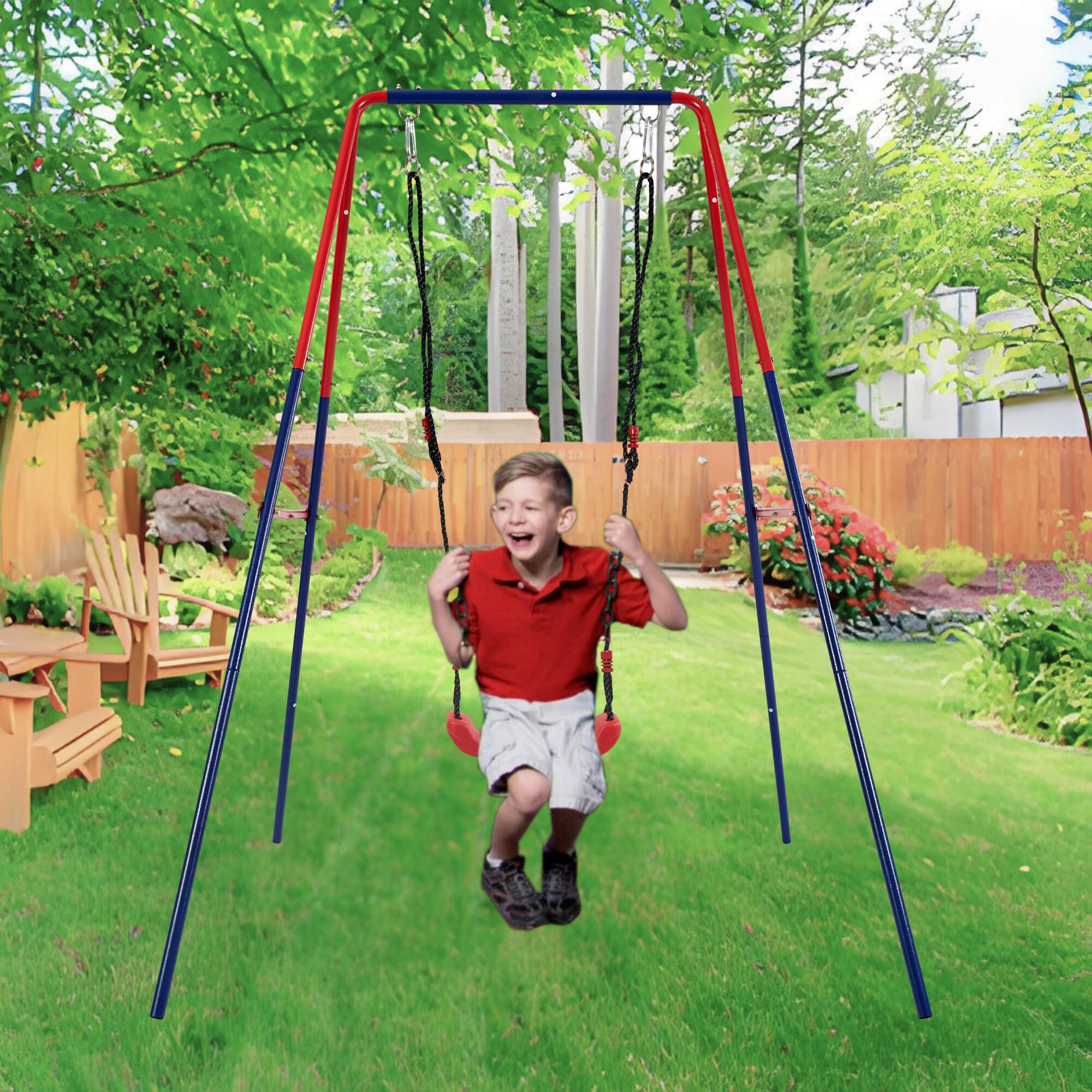 Angle. Siljoy - Blue & Green 2‑in‑1 Baby Swing Set, 110 lb Capacity, Grow‑With‑Me Design, for Age 3+ Outdoor Play - Blue+Red.