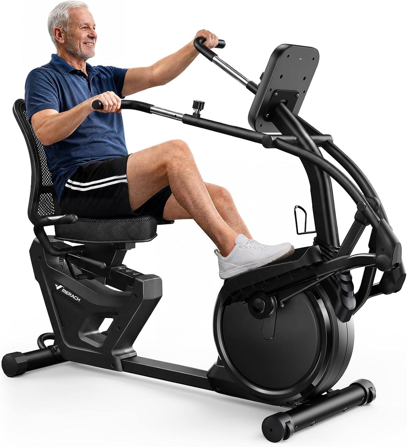 MERACH - Recumbent Exercise Bike for Seniors & Adults, Arm Swing Function, Exclusive App, LCD, Heart Rate Handle - Black