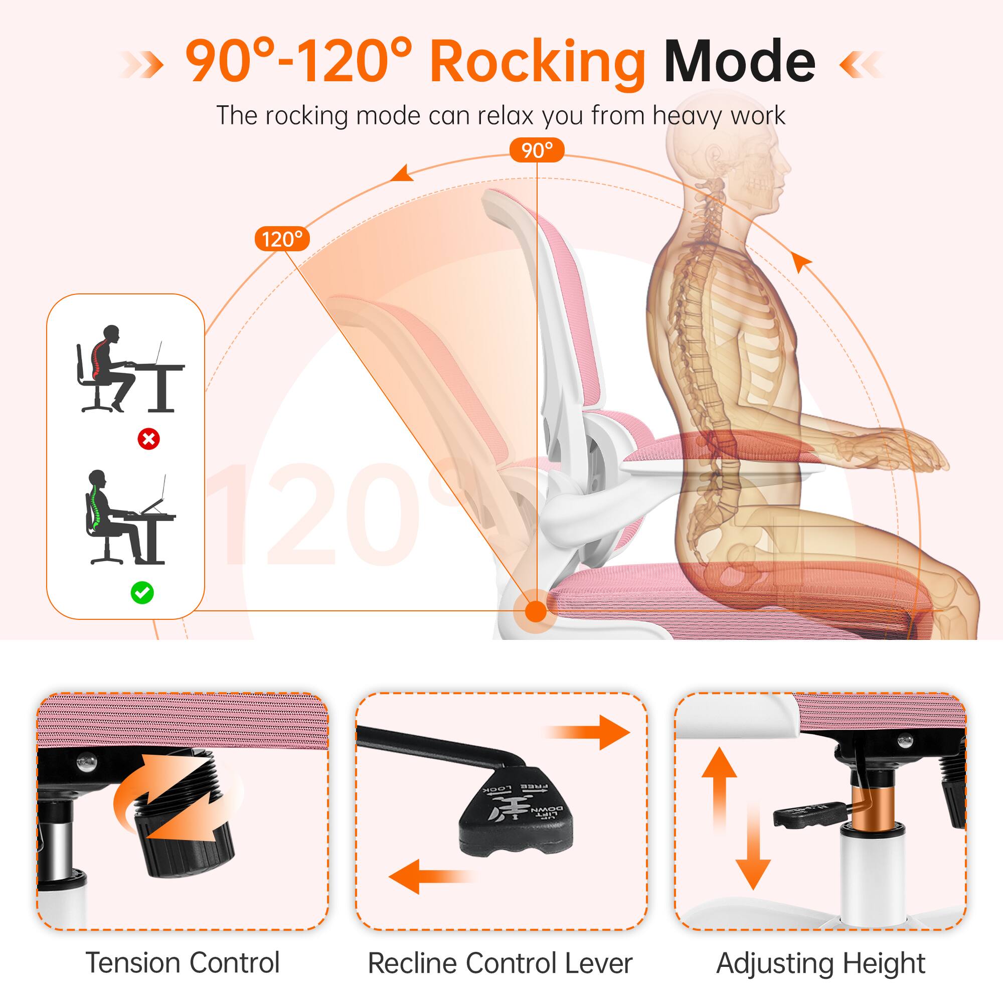 90°-120° Rocking Mode  
The rocking mode can relax you from heavy work

Tension Control  
Recline Control Lever  
Adjusting Height