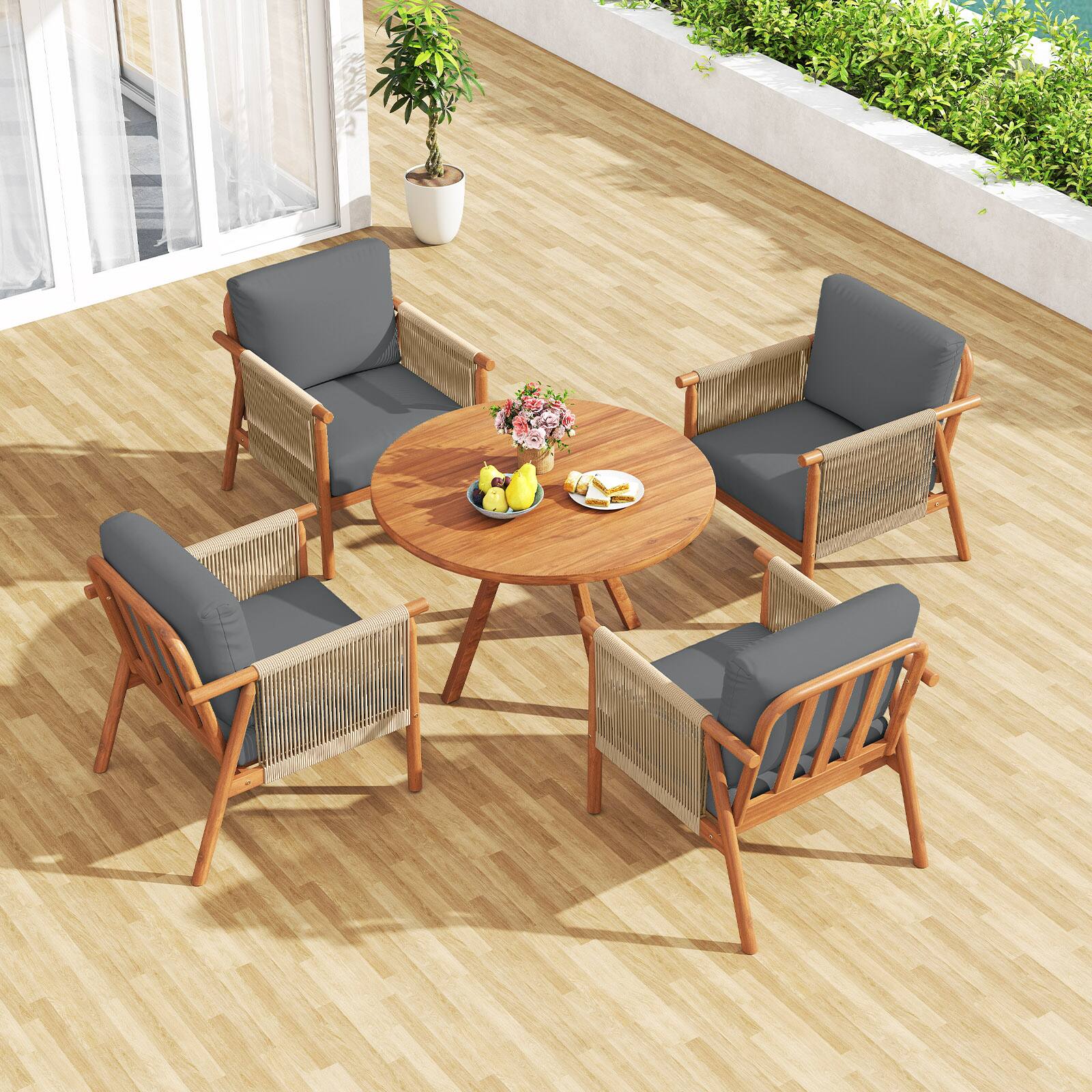 Alt View 9. Gymax - Gymax 2PCS Patio Acacia Wood Chair w/ Woven Rope Armrests & Seat Back Cushions Gray - Gray.
