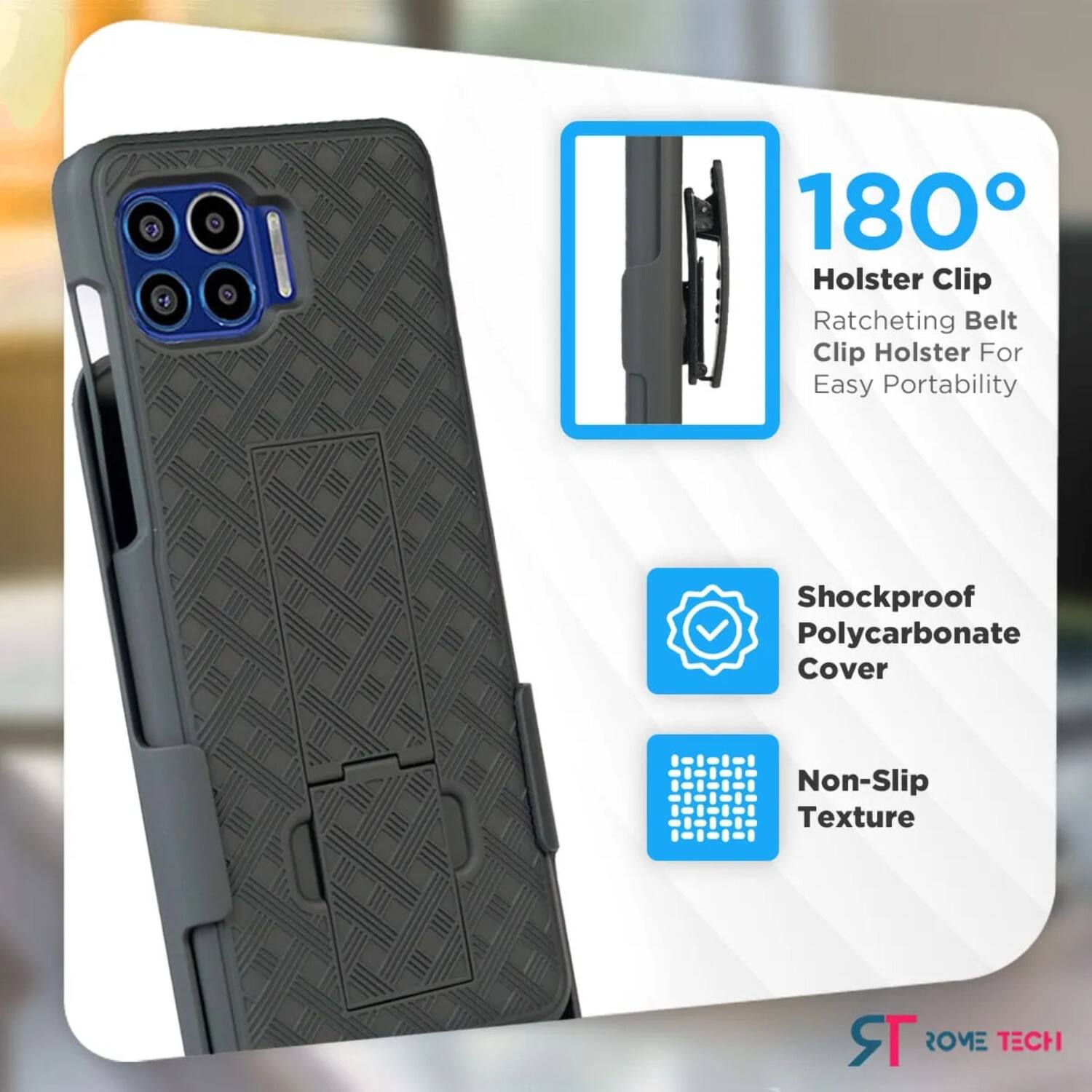 180° Holster Clip  
Ratcheting Belt Clip Holster For Easy Portability  
Shockproof Polycarbonate Cover  
Non-Slip Texture  

ST ROVE TECH