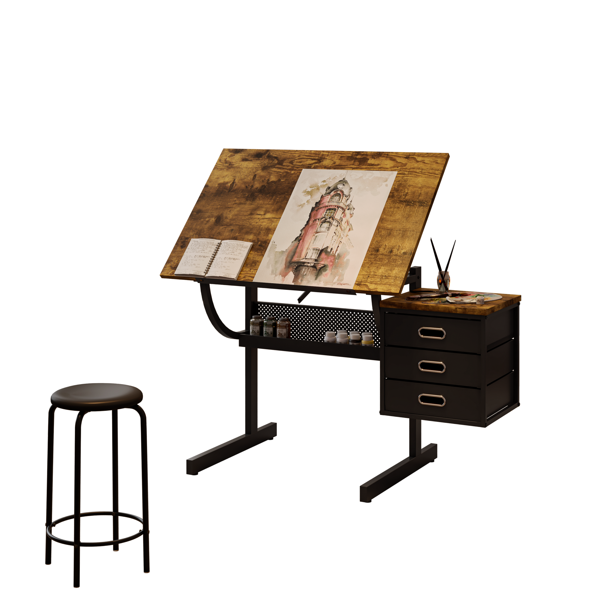 Angle. GOODSILO - Professional Adjustable Drafting Table with Storage Drawers and Stool for Artists and Designers - Black.