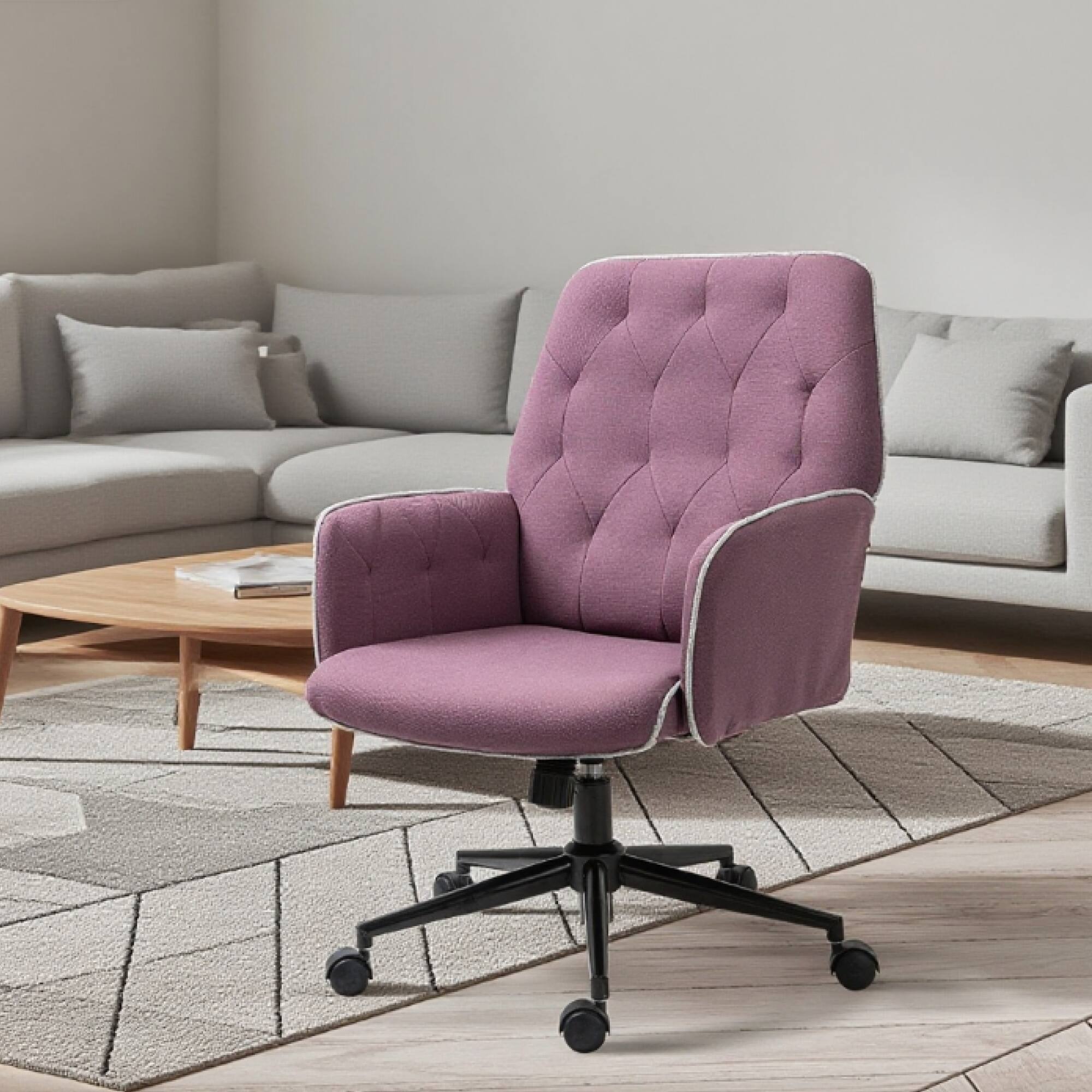 Angle. GOODSILO - Ergonomic Tufted Upholstered Office Chair with Adjustable Height and 360-Degree Swivel for Home Workspace - Purple.