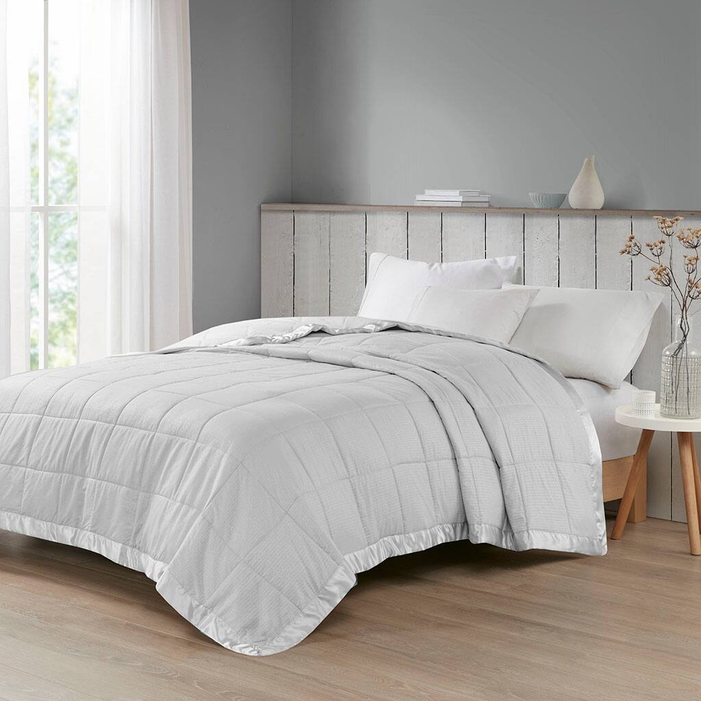Alt View 1. Gracie Mills - Gracie Mills Lucile Textured Oversized Down Alternative Blanket with Satin Trim - Grey.
