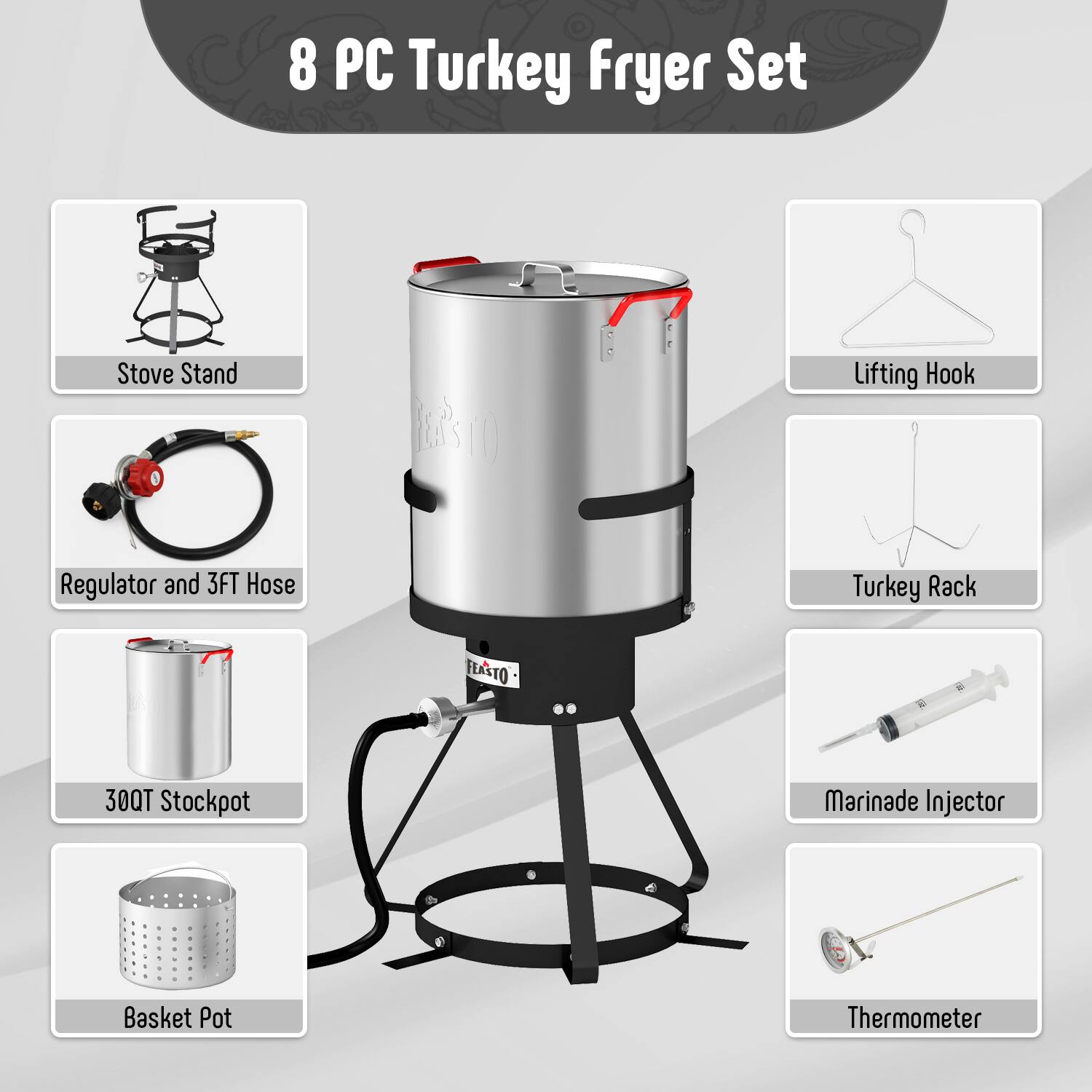 FEASTO 30 QT Turkey Fryer Pot with Basket and Burner Stand for