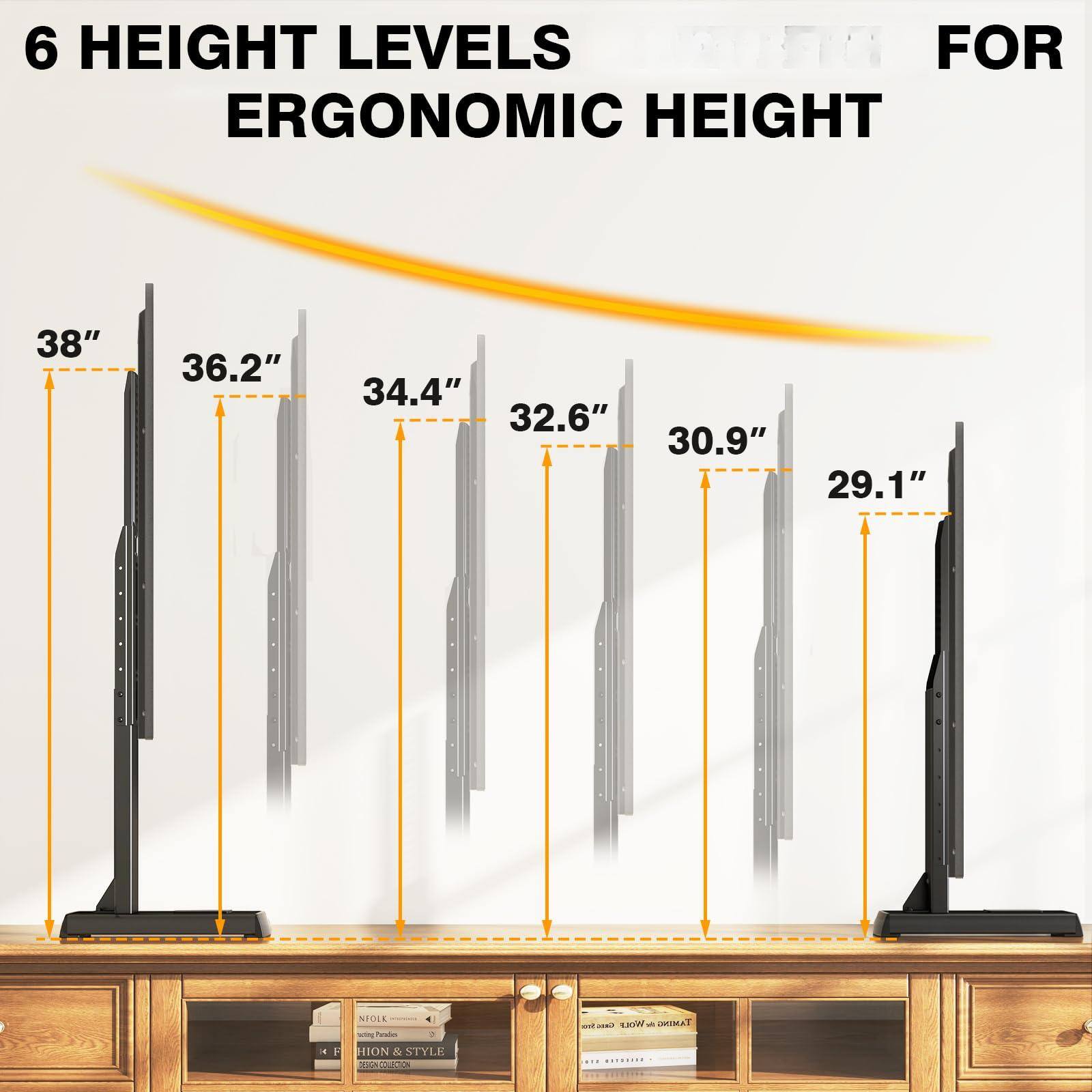 6 HEIGHT LEVELS FOR ERGONOMIC HEIGHT

38"  
36.2"  
34.4"  
32.6"  
30.9"  
29.1"