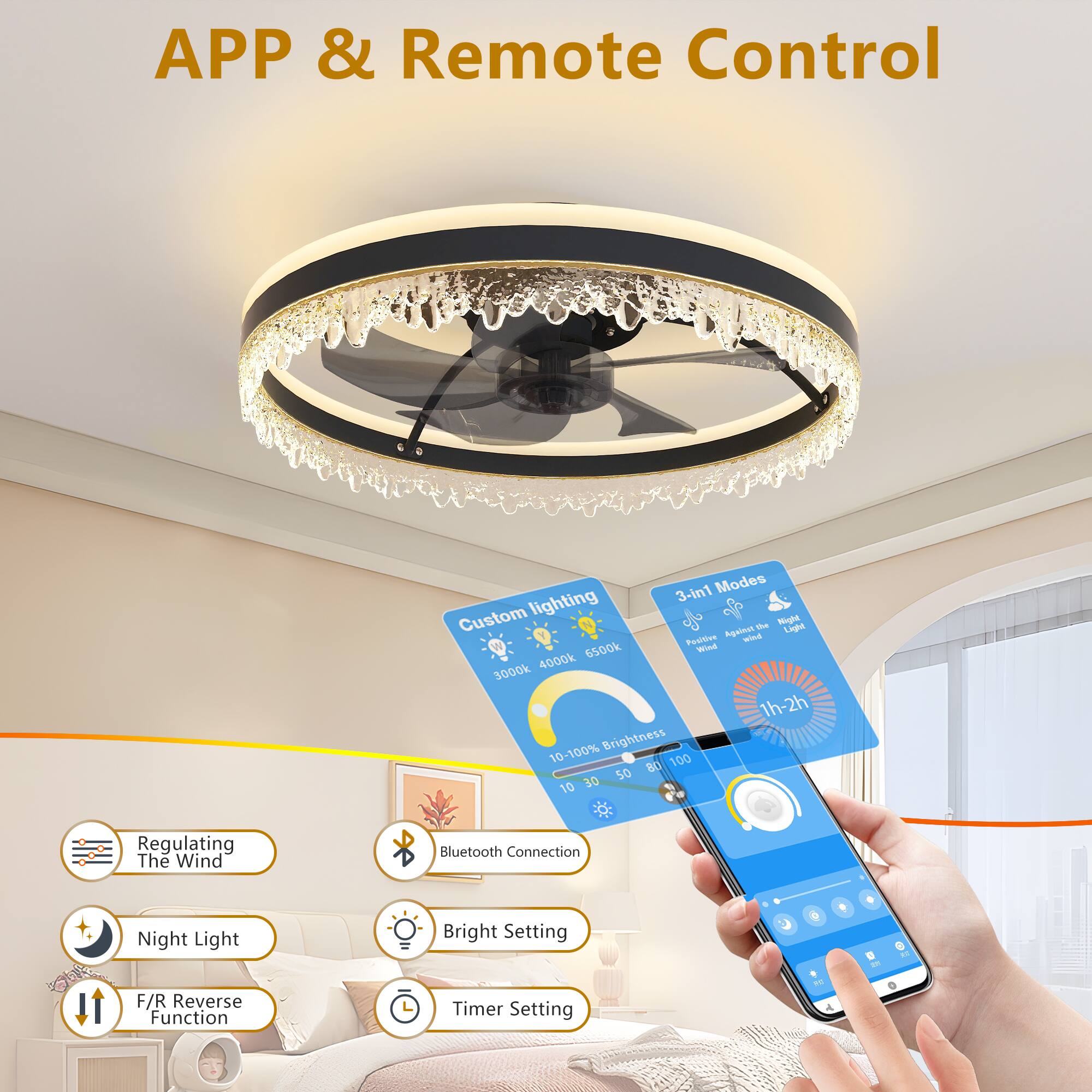 Sure, here is the corrected and grouped text:

---

**APP & Remote Control**

- **Custom Lighting**
  - 3000K - 6500K
  - 10-100% Brightness

- **3-in-1 Modes**
  - 1h-2h

- **Regulating The Wind**

- **Bluetooth Connection**

- **Night Light**

- **Bright Setting**

- **F/R Reverse Function**

- **Timer Setting**

---

This text is organized to reflect the features and functionalities of the ceiling fan as shown in the image.
