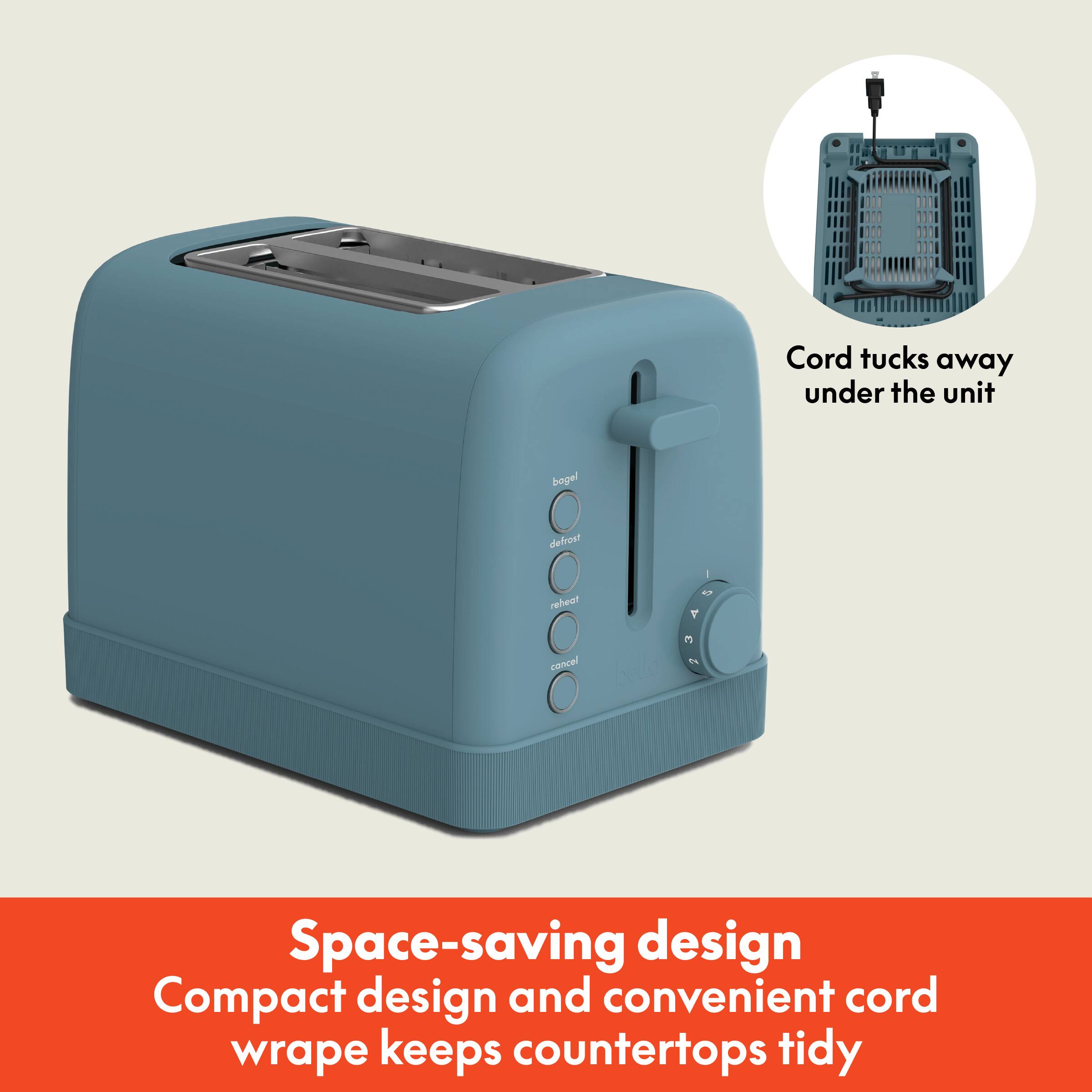 Cord tucks away under the unit, Space-saving design, Compact design and convenient cord wrap keeps countertops tidy