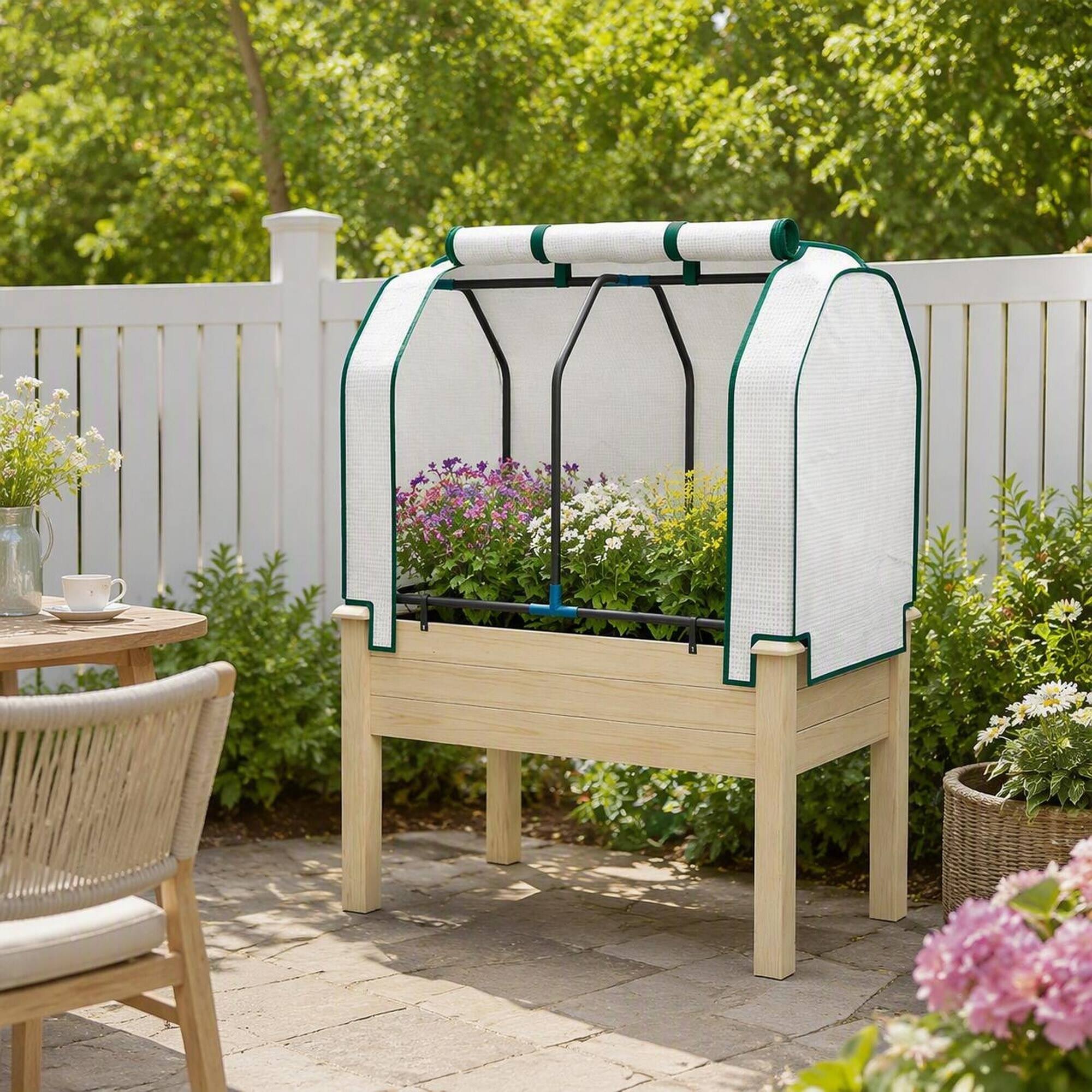 Back. RYHNUYNE - Compact Outdoor Raised Garden Bed with Fir Wood and Steel Frame, Breathable Fabric Planter Box with Roll-Up PE - Natural Wood.