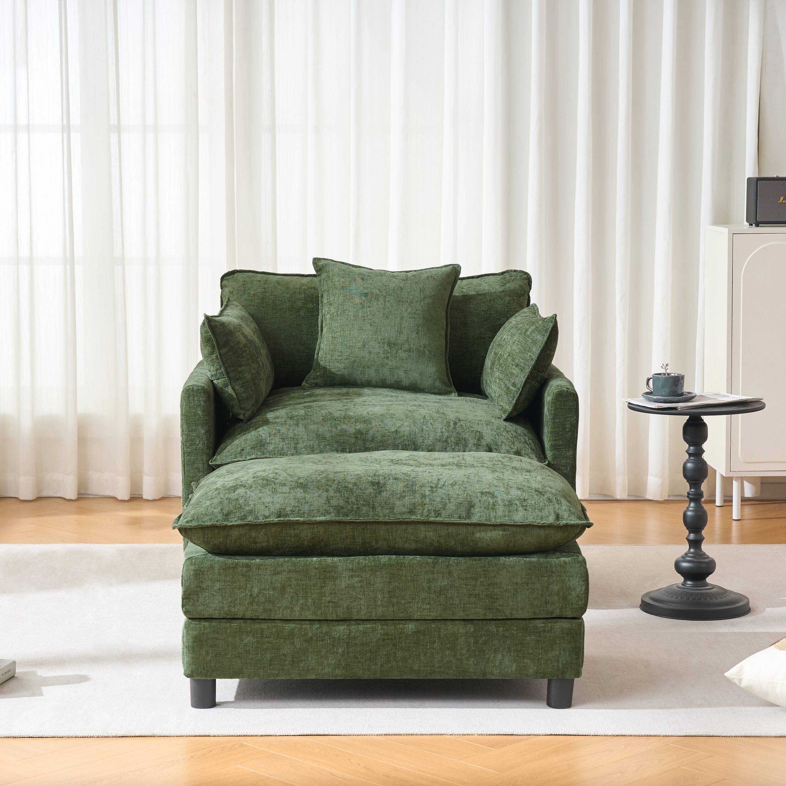 Alt View 3. Meqiodas - 39.4" Modern Accent Chair with Ottoman, Living Room Club Chair Chenille Upholstered Armchair , Reading Chair for Bedroom - Green.