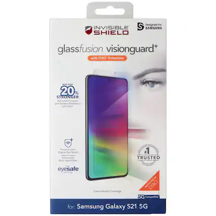 Designed for INVISIBLE SHIELD glassfusion visionguard+ with D3O* Protection. NOW OVER 20% STRONGER Advanced Impact and Shatter Protection with D3O. Protects Eye from Strain with Enhanced TRUSTED Blue Light Filter. eyesafe Technology. Case-friendly Coverage. 5G Compatible for: Samsung Galaxy S21 5G