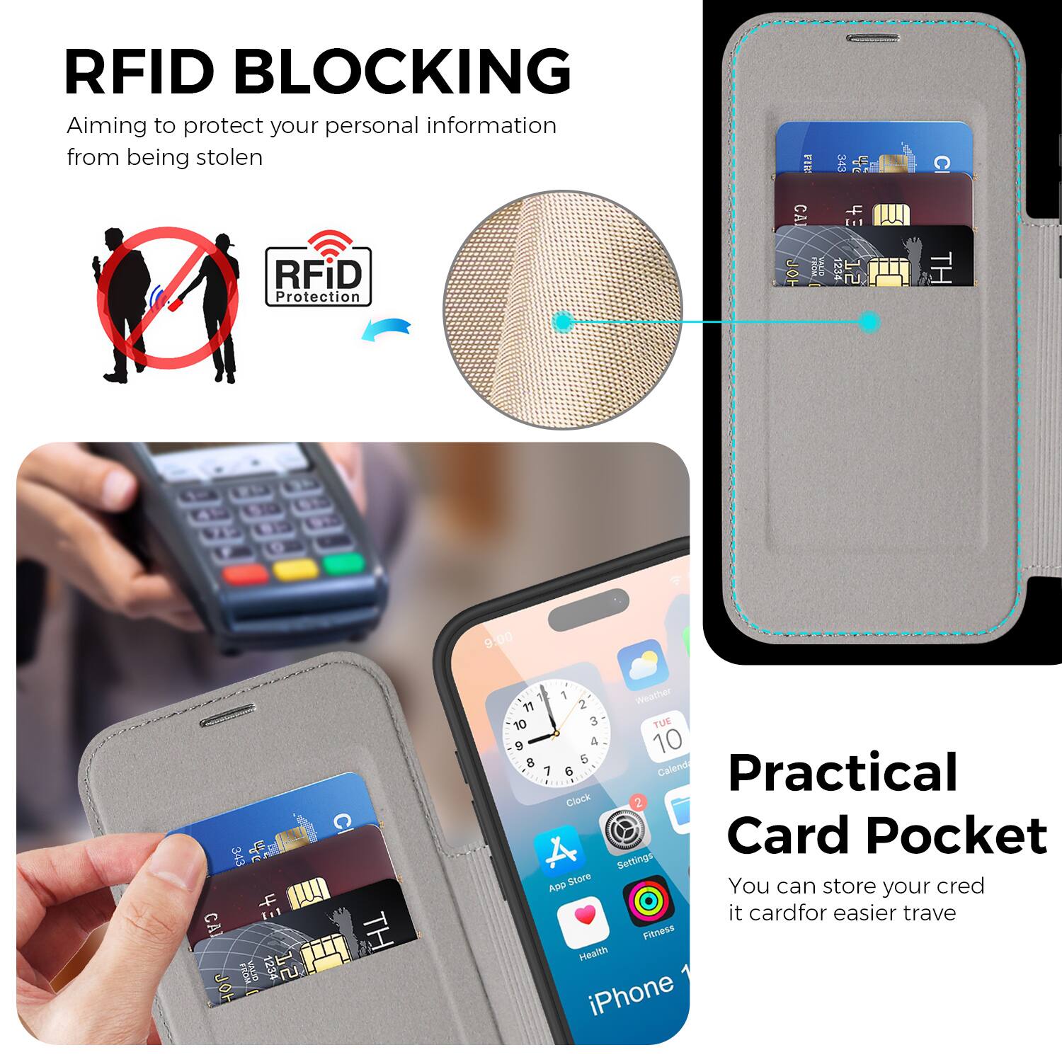 RFID BLOCKING  
Aiming to protect your personal information from being stolen  

RFiD Protection  

Practical Card Pocket  
You can store your credit card for easier travel  

Fitness Health iPhone