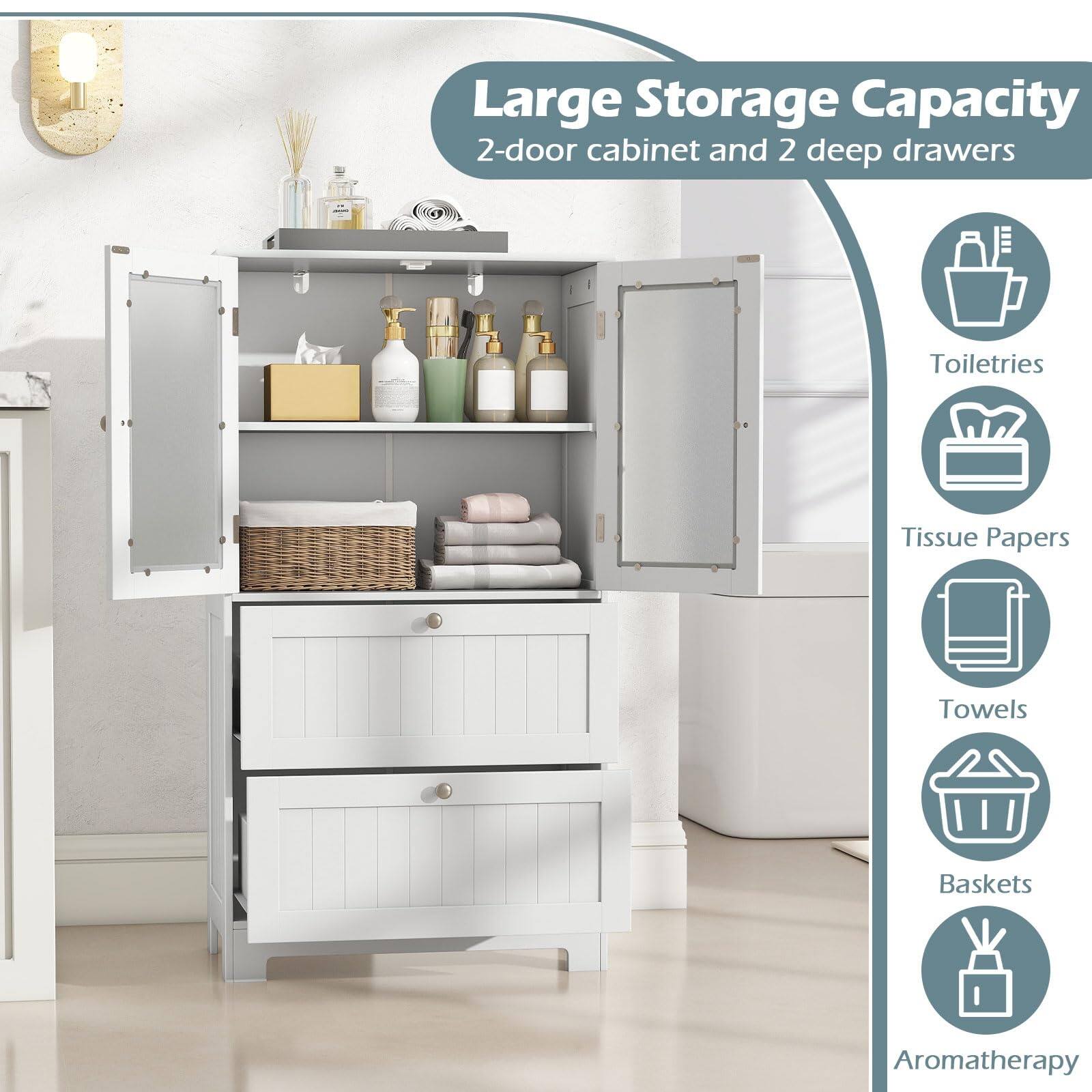 Large Storage Capacity  
2-door cabinet and 2 deep drawers  

- Toiletries  
- Tissue Papers  
- Towels  
- Baskets  
- Aromatherapy