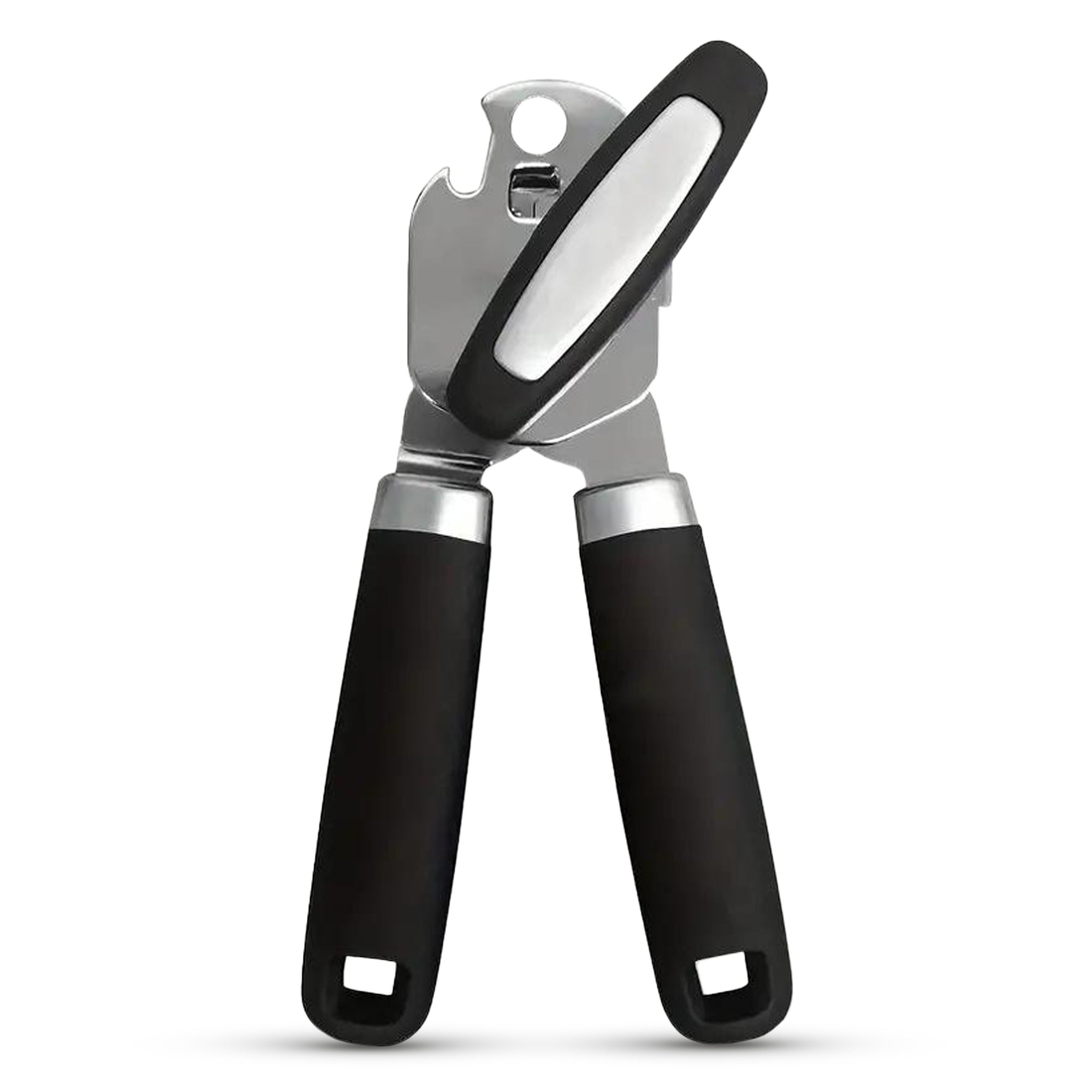 Angle. Cheer Collection - Heavy Duty Stainless Steel Can Opener with Soft Grip Handles Manual Kitchen Can and Bottle Opener - Default Title.