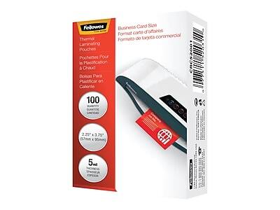 Business Card Size  
Formato de tarjeta comercial  
Formato de tarjeta comercial  

Thermal Laminating Pouches  
Pochettes Pour la plastification à chaud  
Bolsas para plastificar en caliente  

100  
QUARTIER DE CANTICAS O  
QUARTER SHEETS  
CARTAS  

2.25" x 3.75"  
(57mm x 95mm)  

5 mil  
THICKNESS  
ESPESOR
