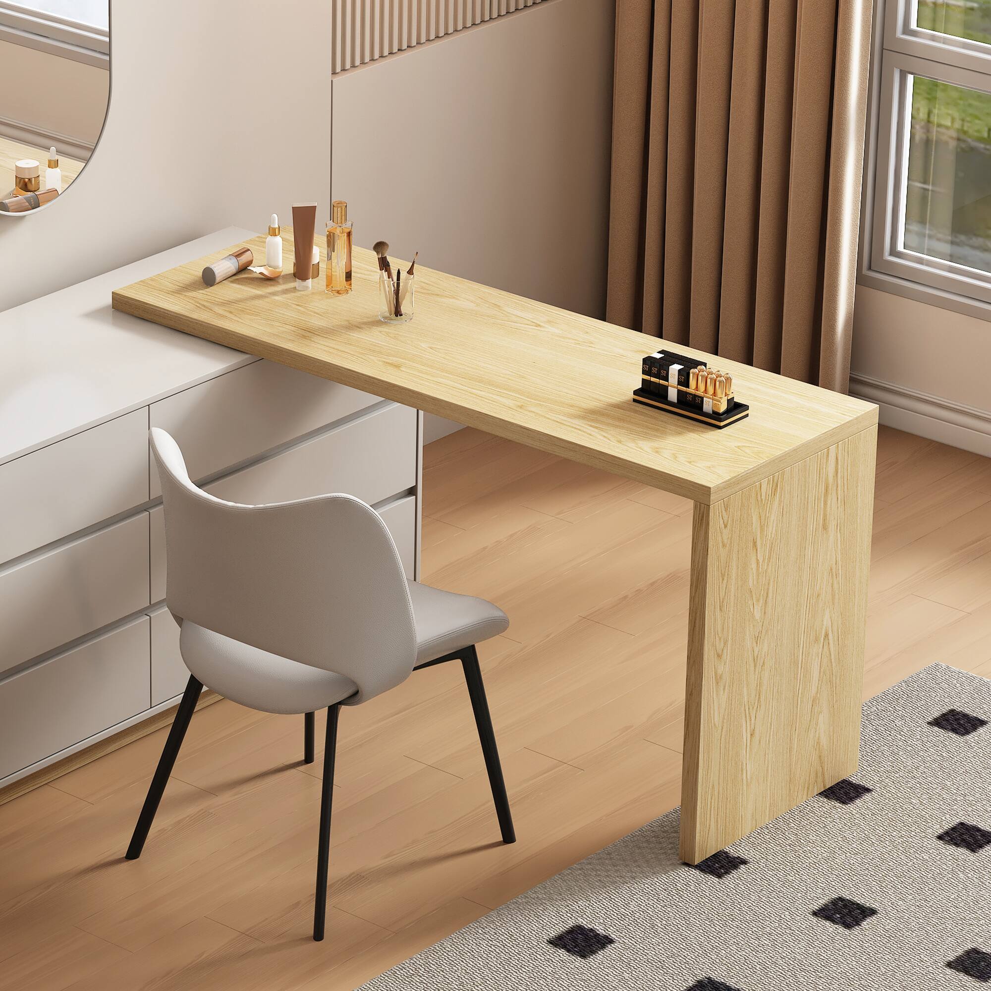 Alt View 2. luck idea - Modern Minimalist Expandable Vanity Desk with 6 Drawers, Space-Saving Dresser for Bedroom - Natural Wood Color.