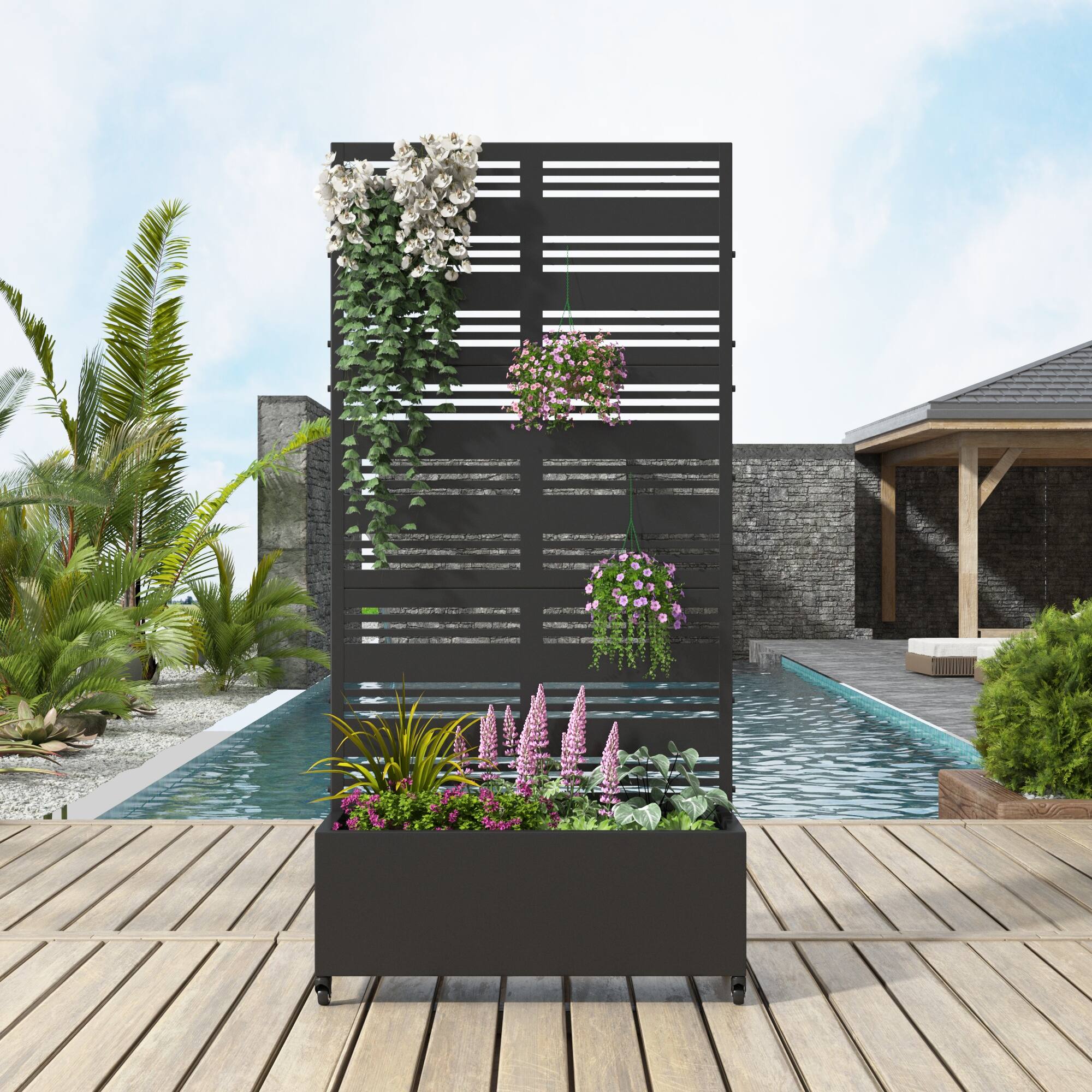 PexFix- 72 in. H x 35 in. W Harold Pattern Rectangle Metal Planter Box Raised Garden Beds with Trellis-Ideal for Balcony- Black