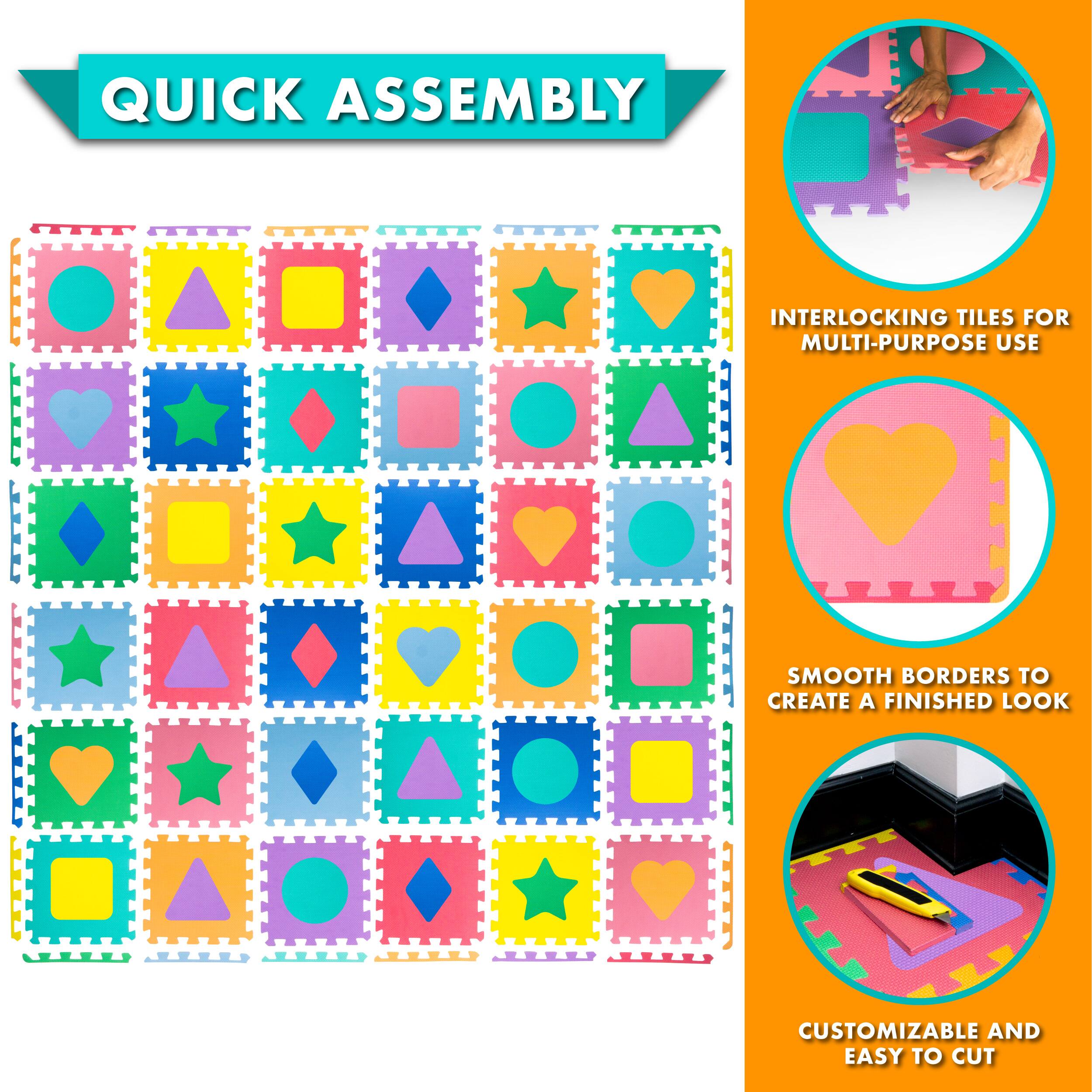 Quick Assembly Interlocking Tiles for Multi-Purpose Use. Smooth Borders to Create a Finished Look. Customizable and Easy to Cut.