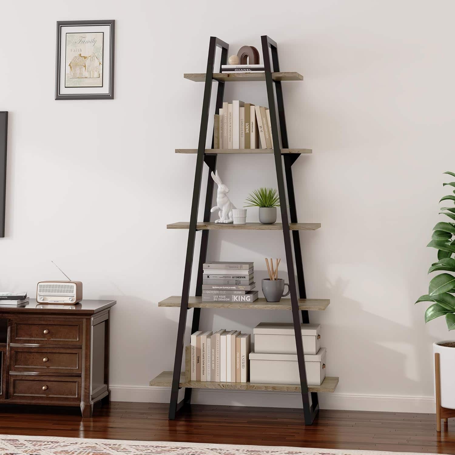 GARVEE - 5-Tier Ladder Bookshelf Tall Rustic Bookcase w/ Open Display Shelves and Sturdy Metal Frame for Living Room,Home Office - LiGht Grey