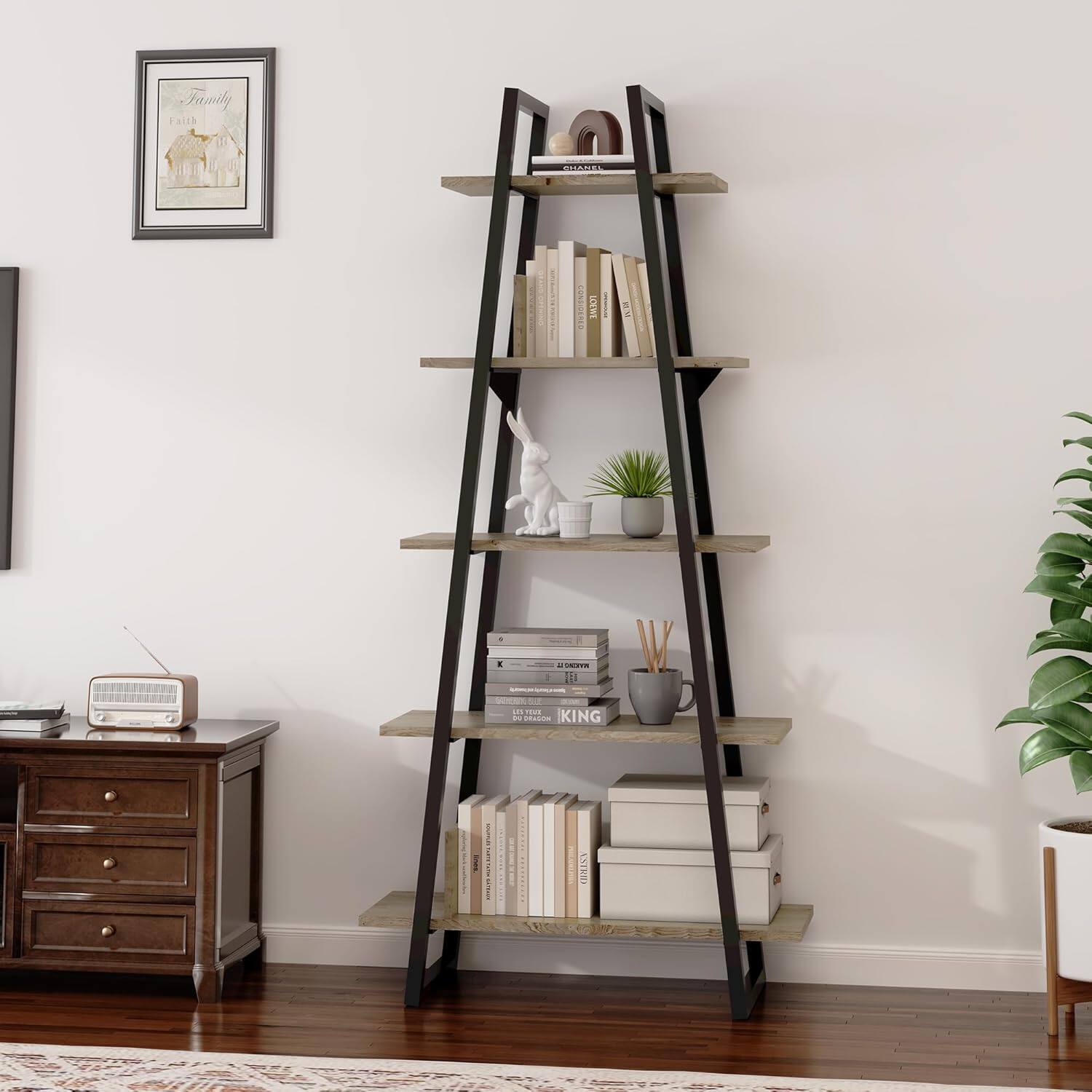 GARVEE - 5-Tier Ladder Bookshelf Tall Rustic Bookcase w/ Open Display Shelves and Sturdy Metal Frame for Living Room,Home Office - LiGht Grey